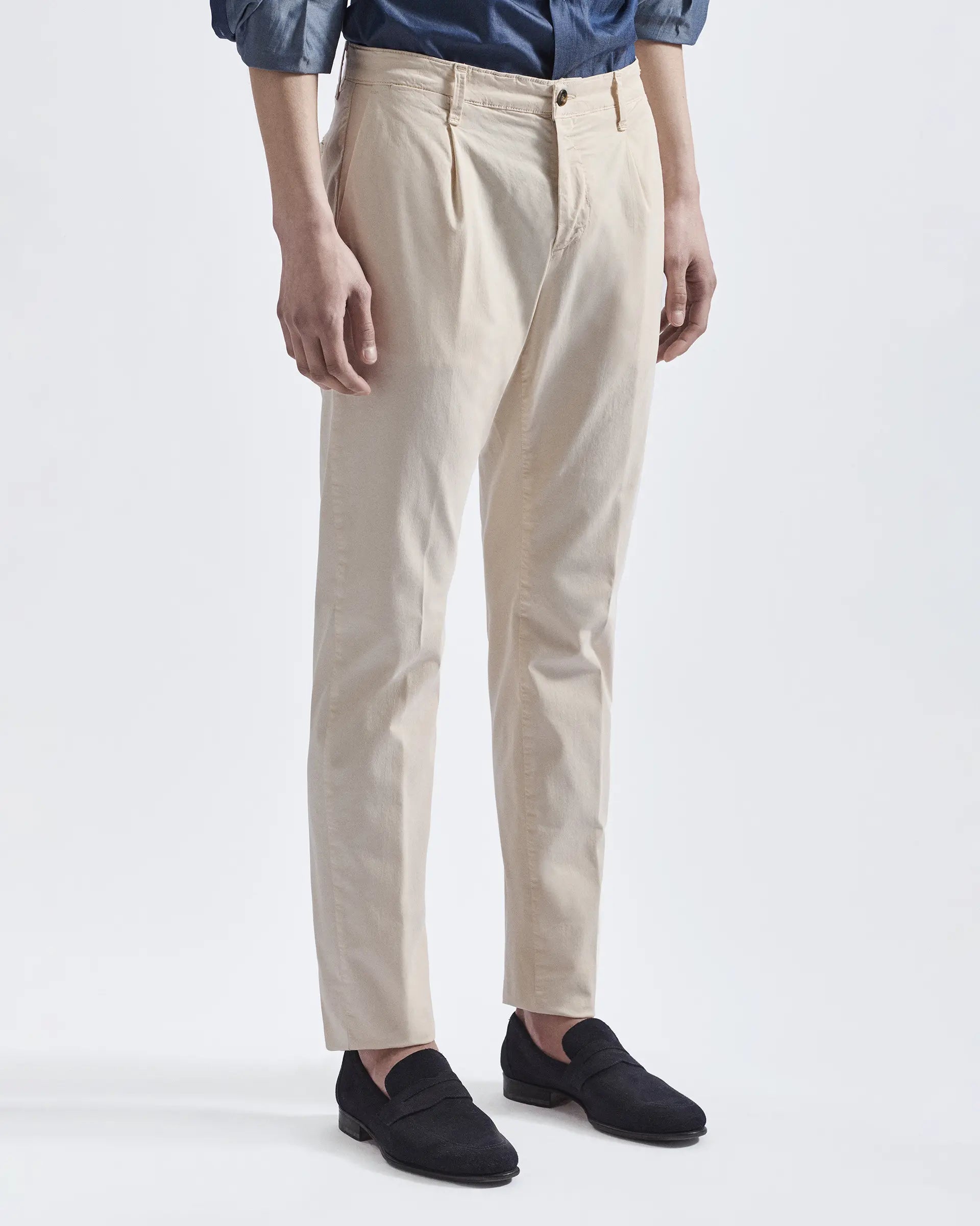 White 1 Pleats Tencel and Cotton Stretch Pants