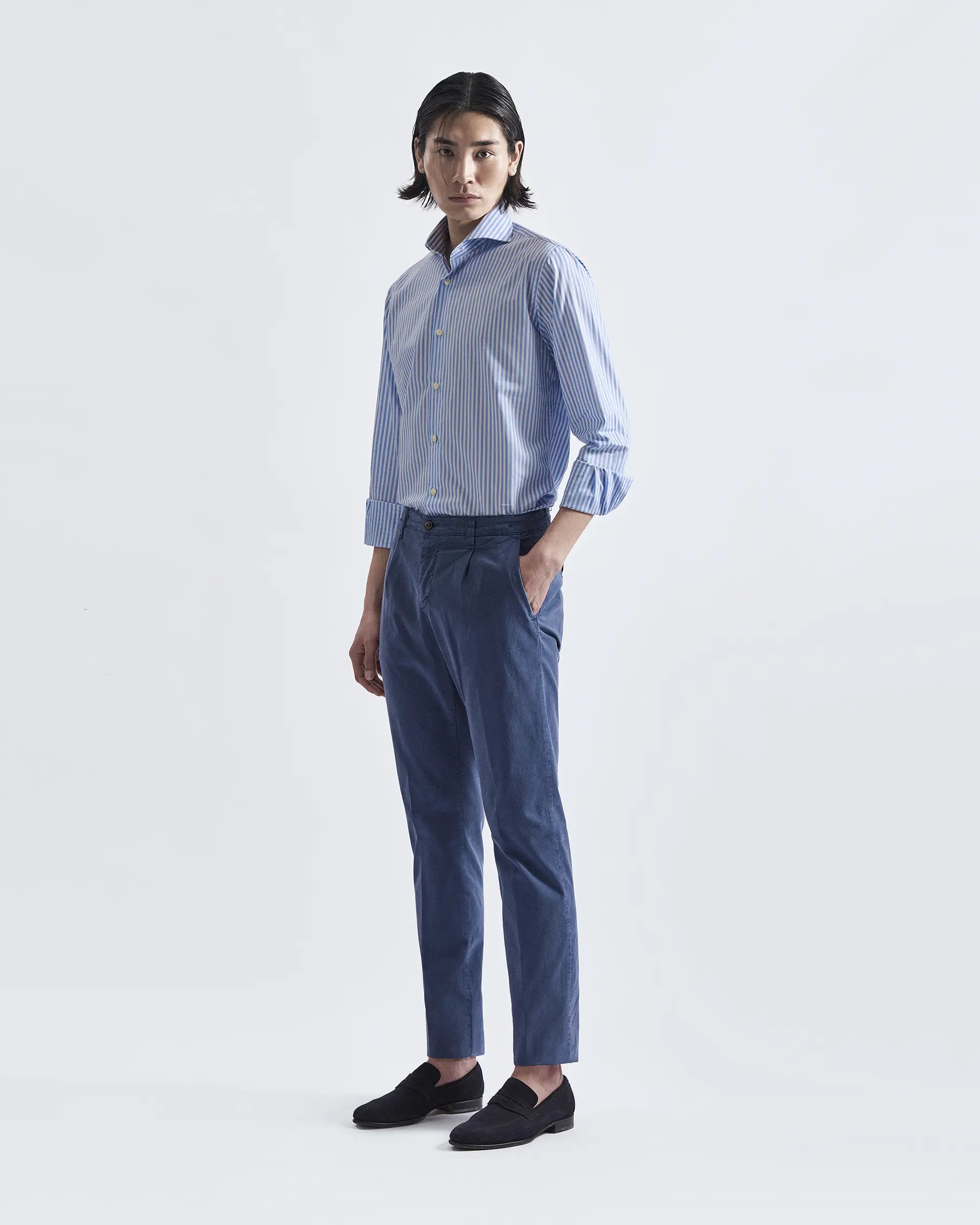 Avion Blue 1 Pleats Tencel and Cotton Stretch Pants