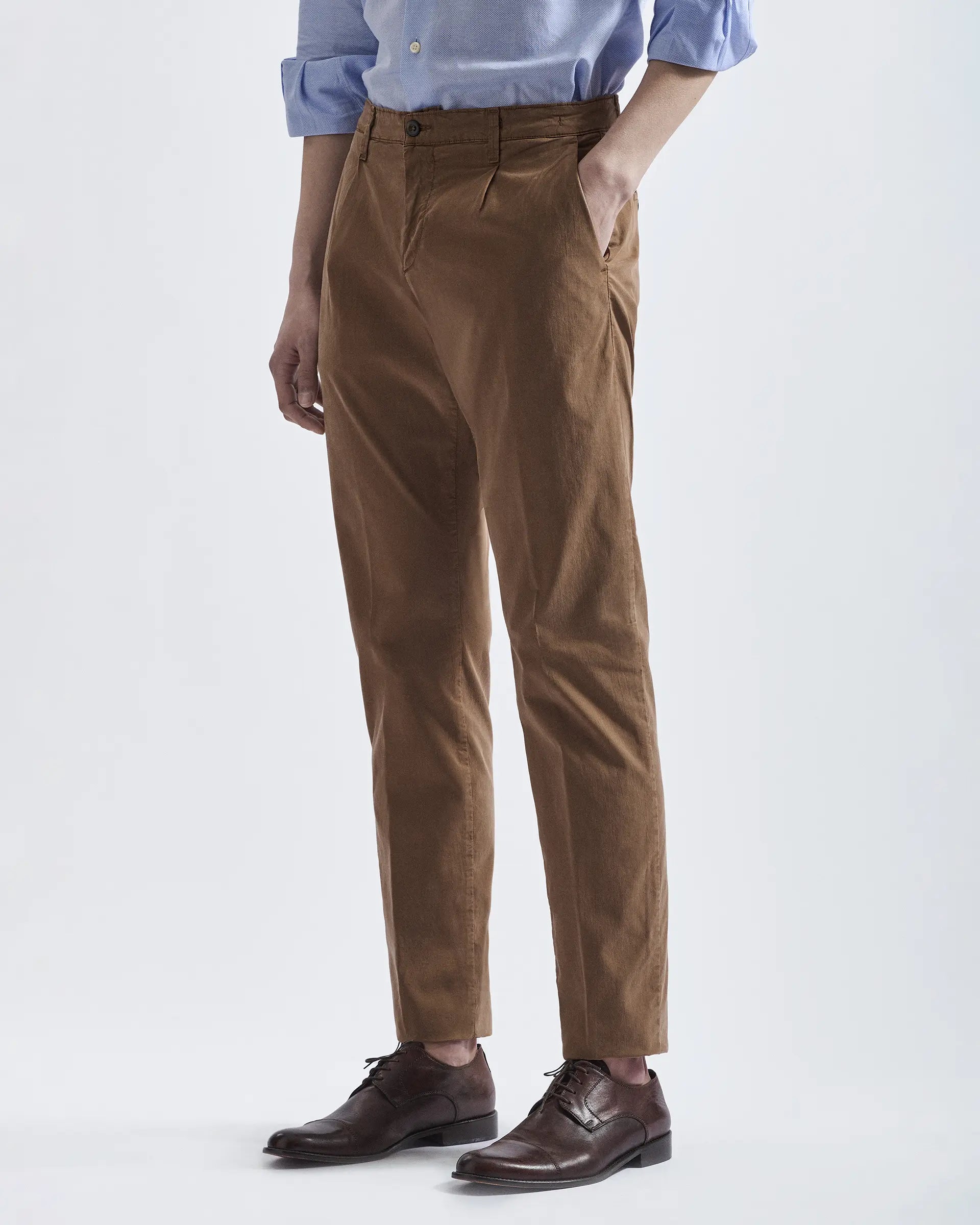 Brown 1 Pleats Tencel and Cotton Stretch Pants