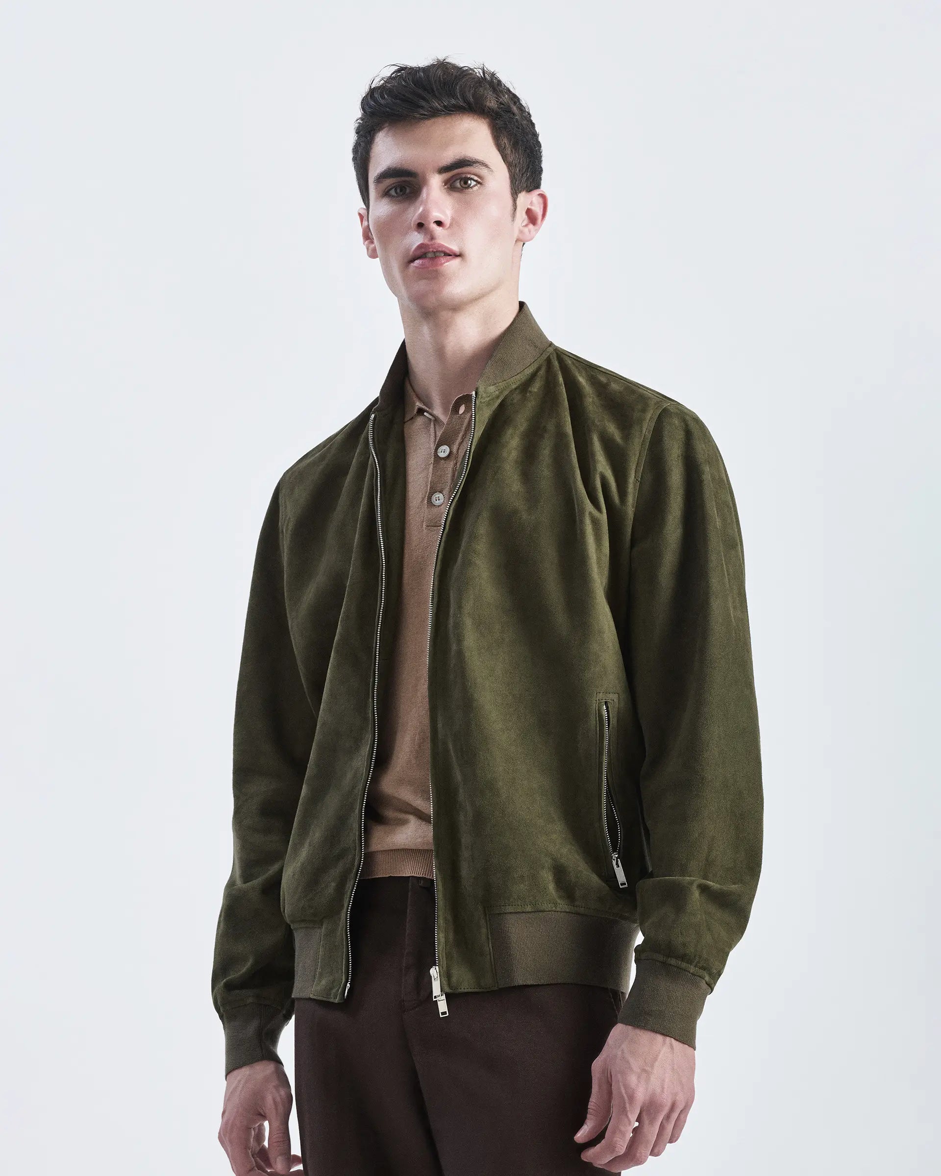 Army Green Suede Leather Bomber