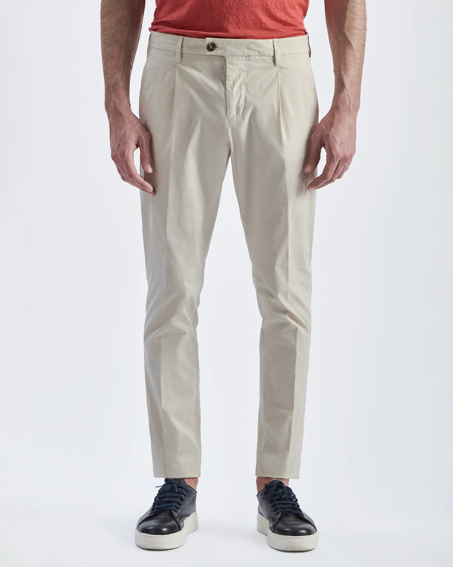 Beige Cotton Stretch Pleated Pants
