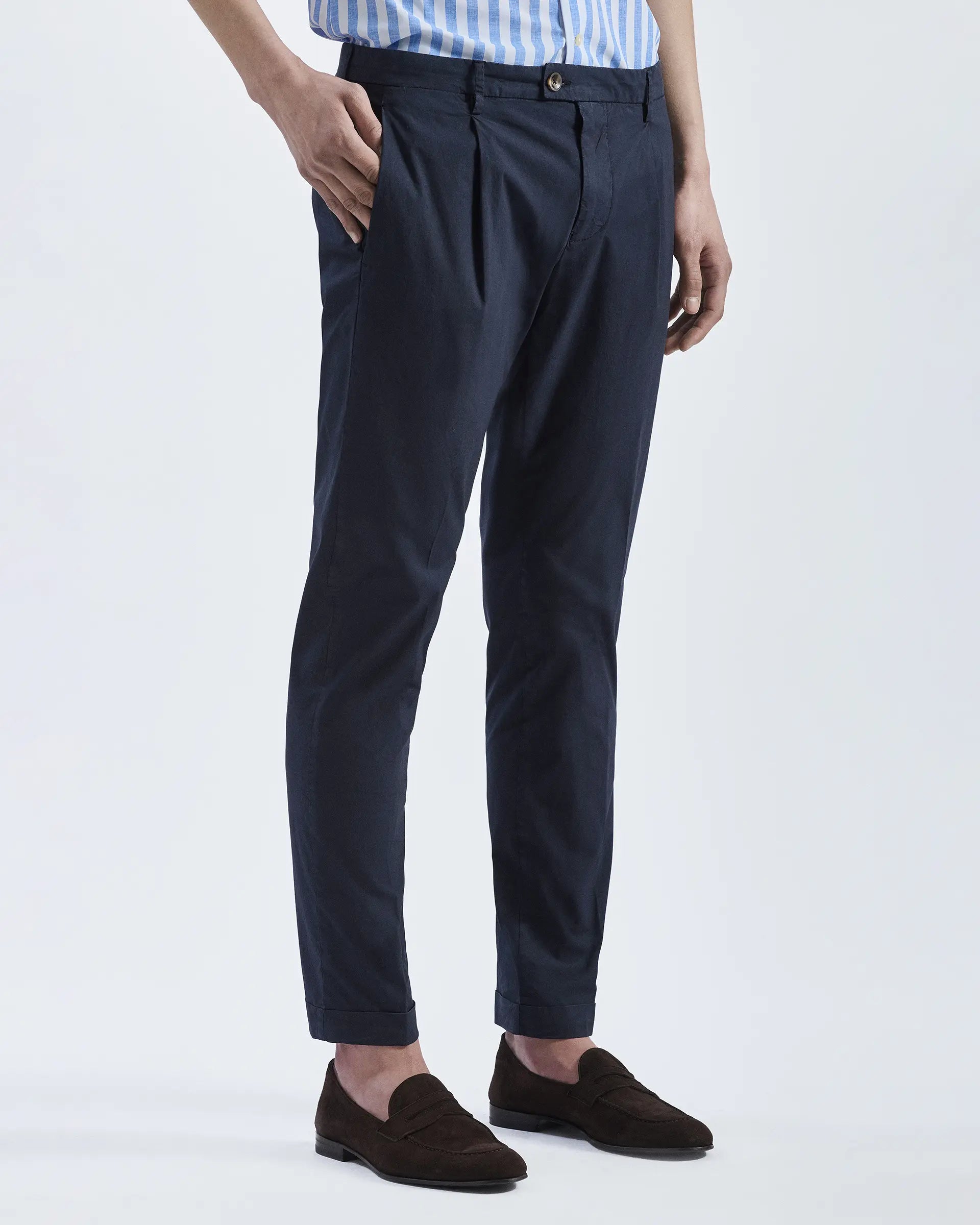 Blue Cotton Stretch Pleated Pants