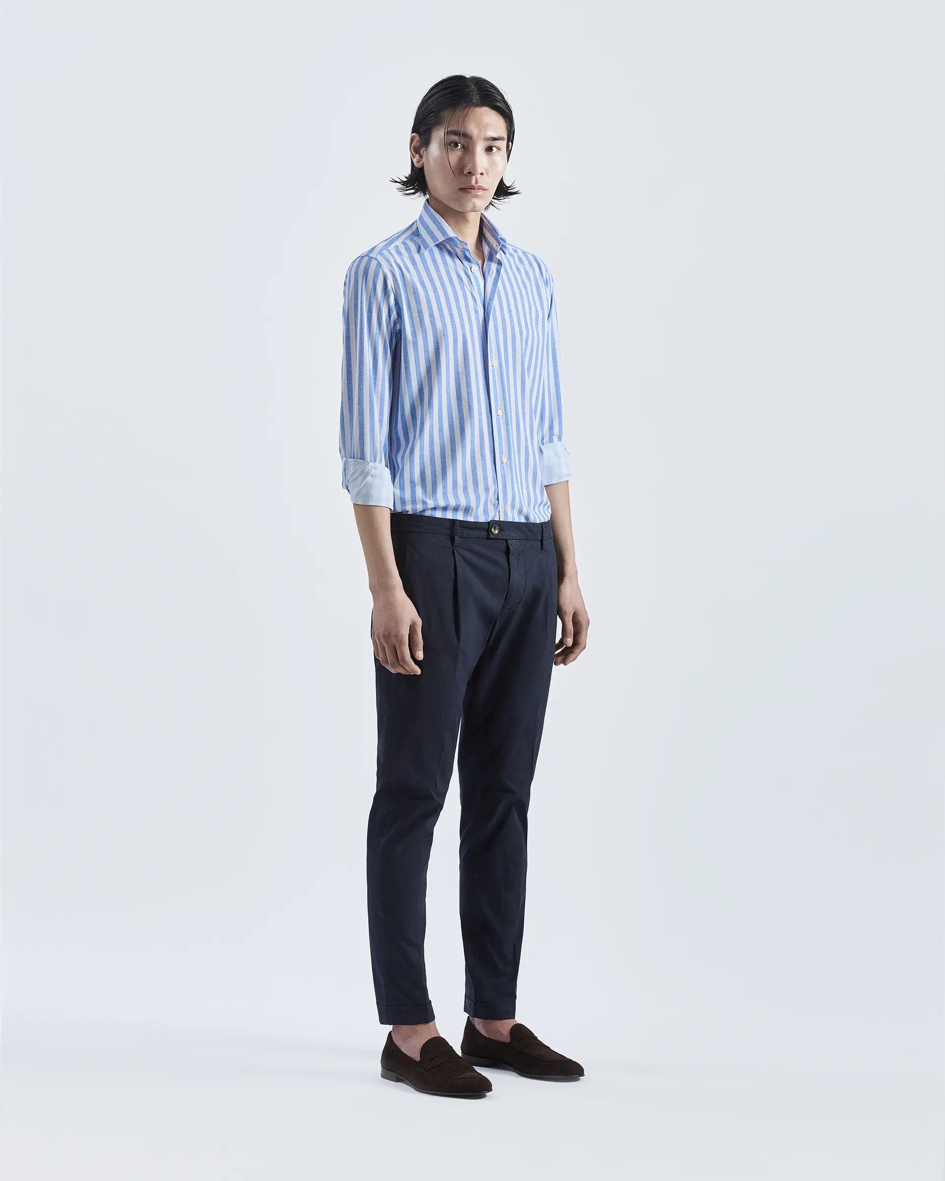 Blue Cotton Stretch Pleated Pants