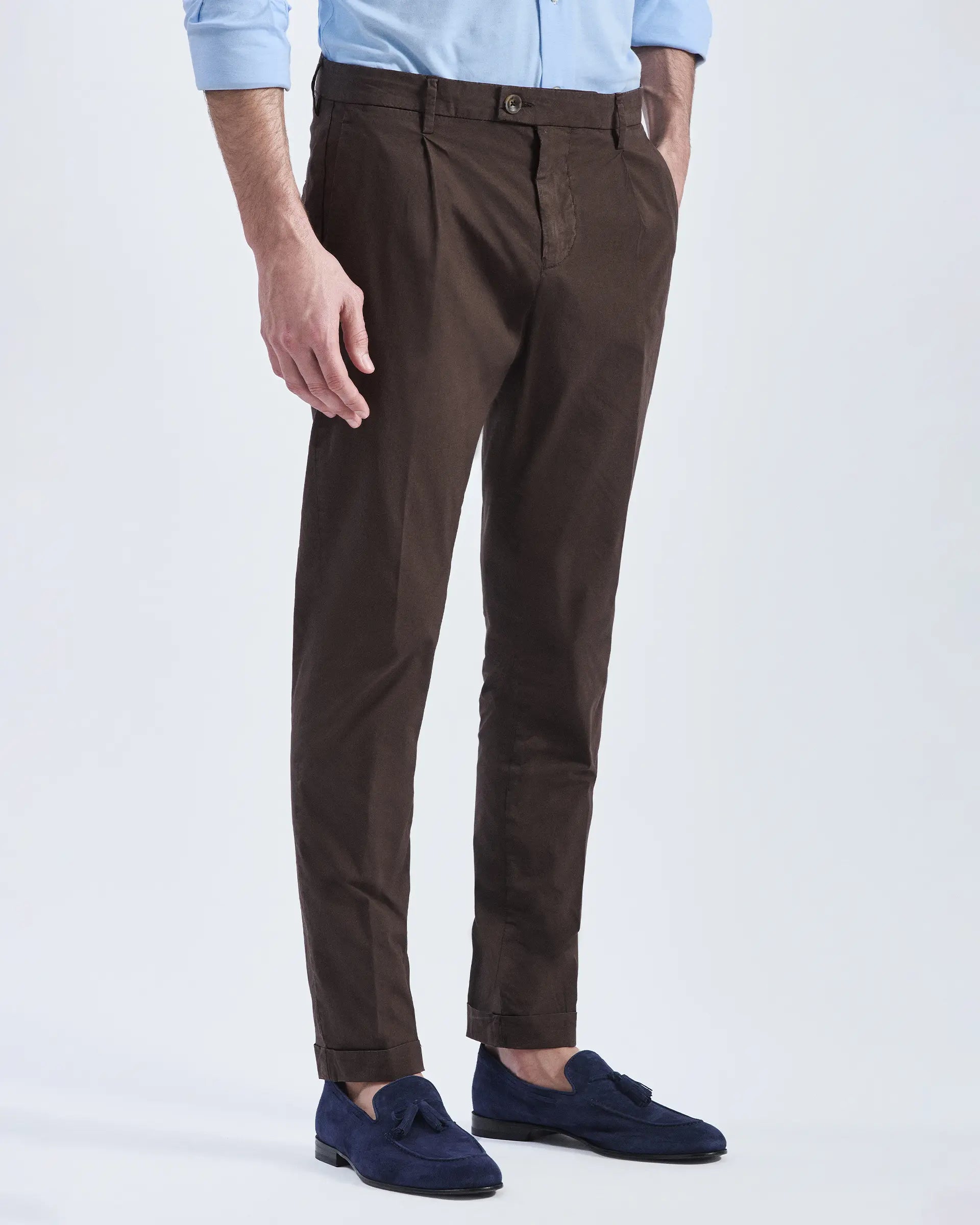 Brown Cotton Stretch Pleated Pants