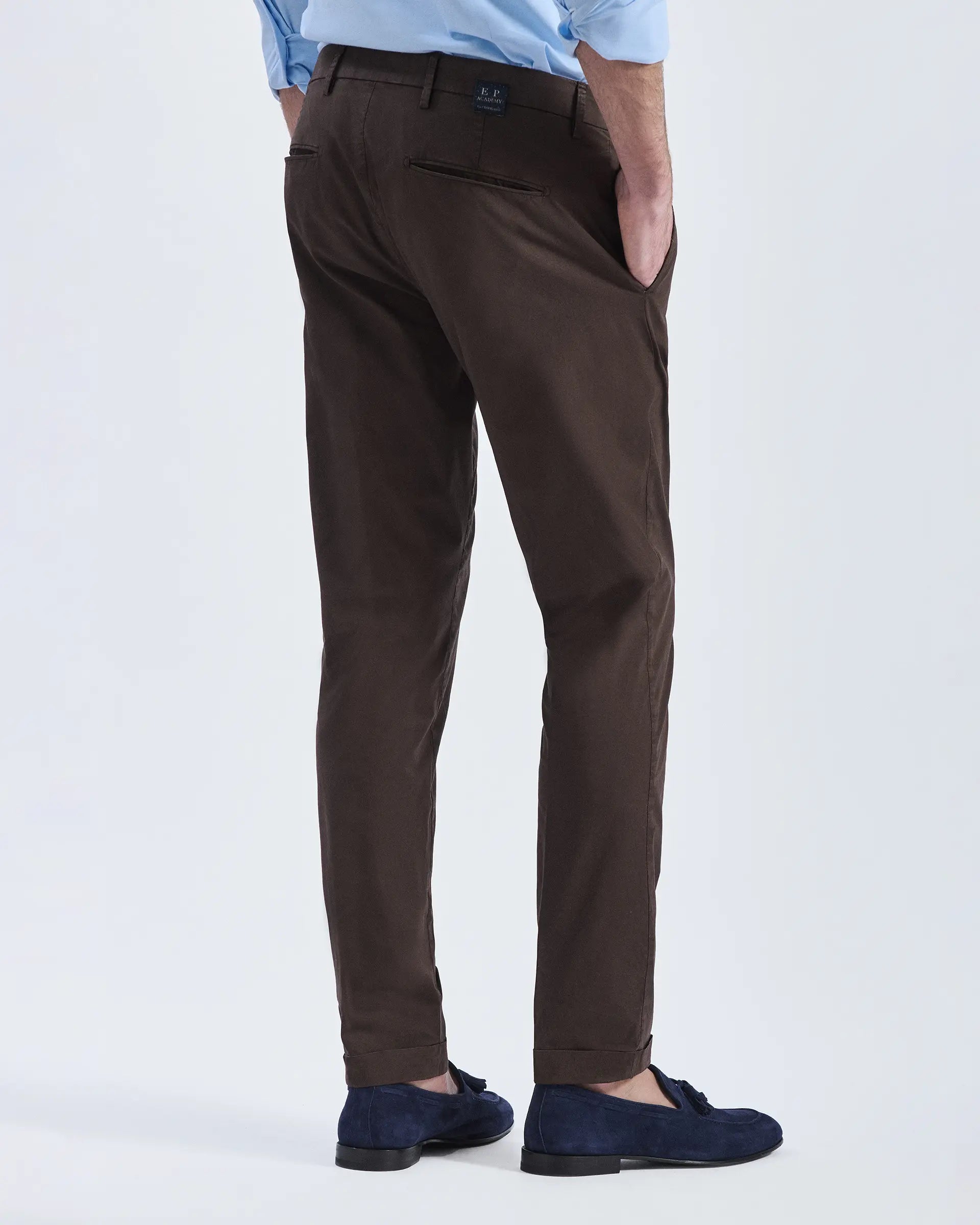 Brown Cotton Stretch Pleated Pants