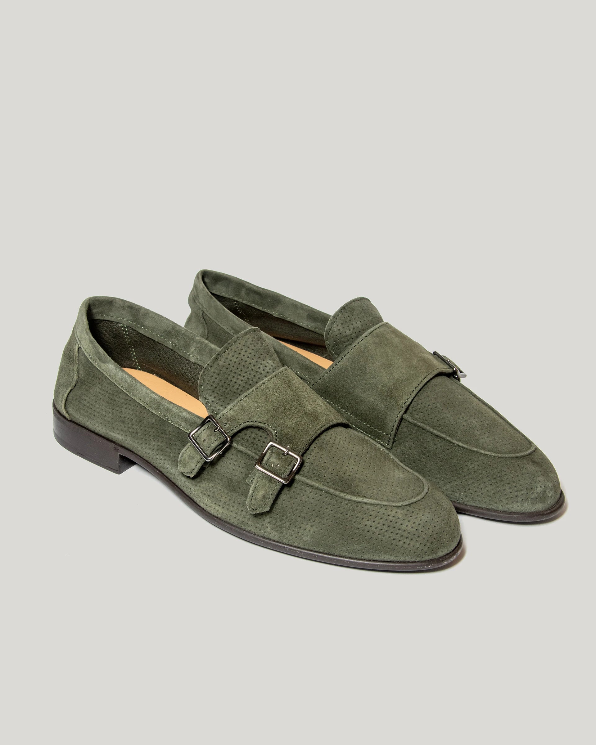 Green suede loafer with double side buckle