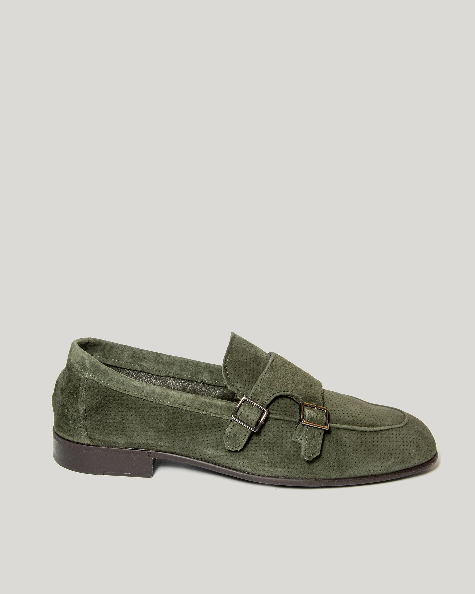 Green suede loafer with double side buckle