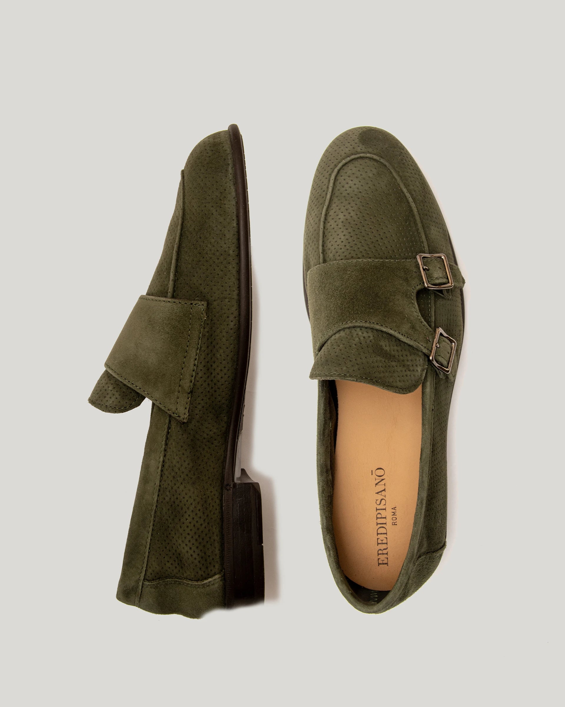 Green suede loafer with double side buckle