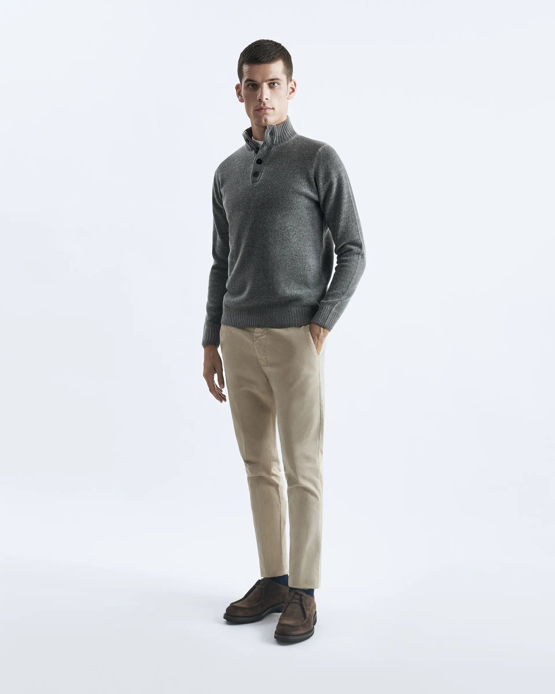 Charcoal Grey 4-Button Wool Blend Sweater - 7 Gauge