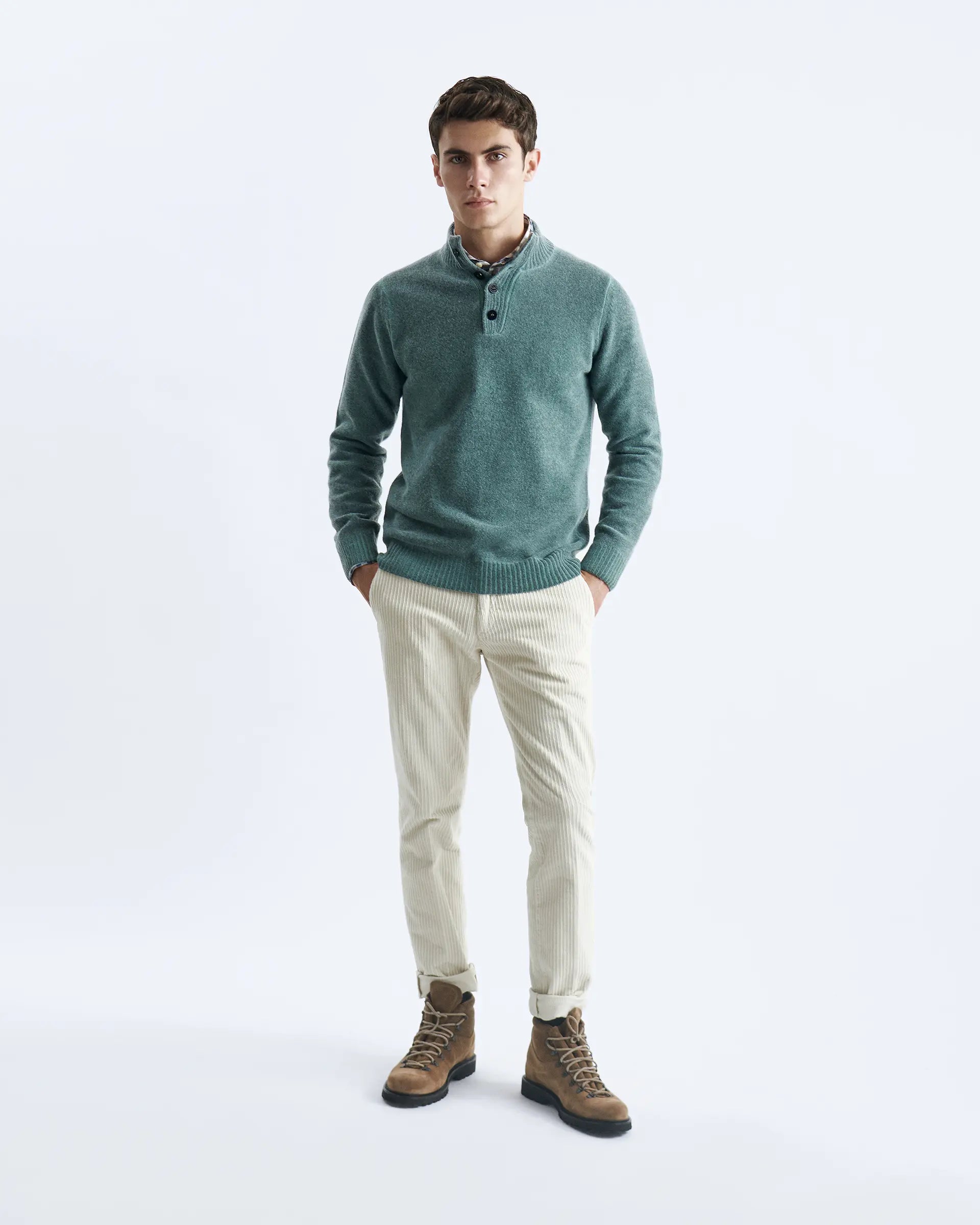 Green 4-Button Wool Blend Sweater - 7 Gauge