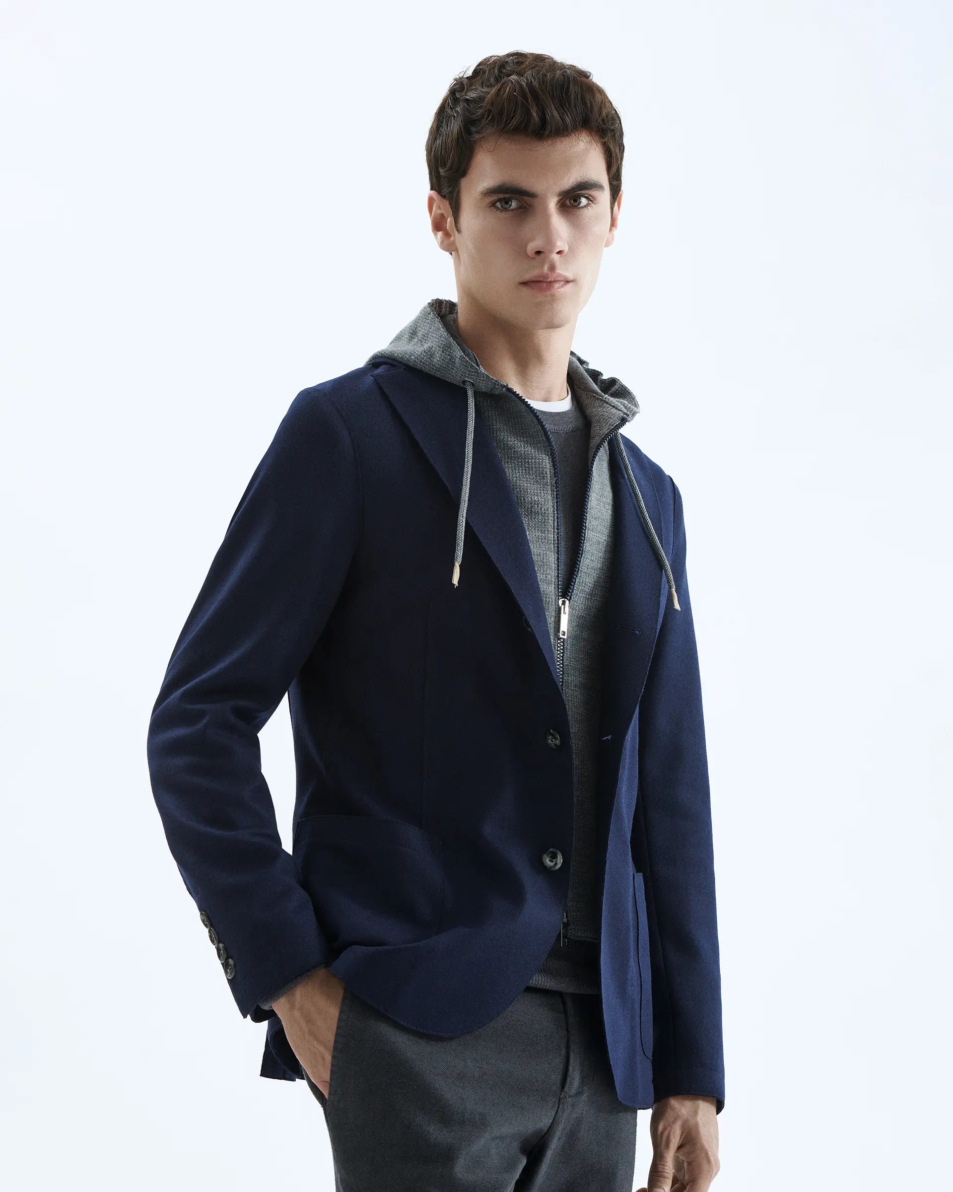Blue Hooded and Padded Wool stretch Jackets