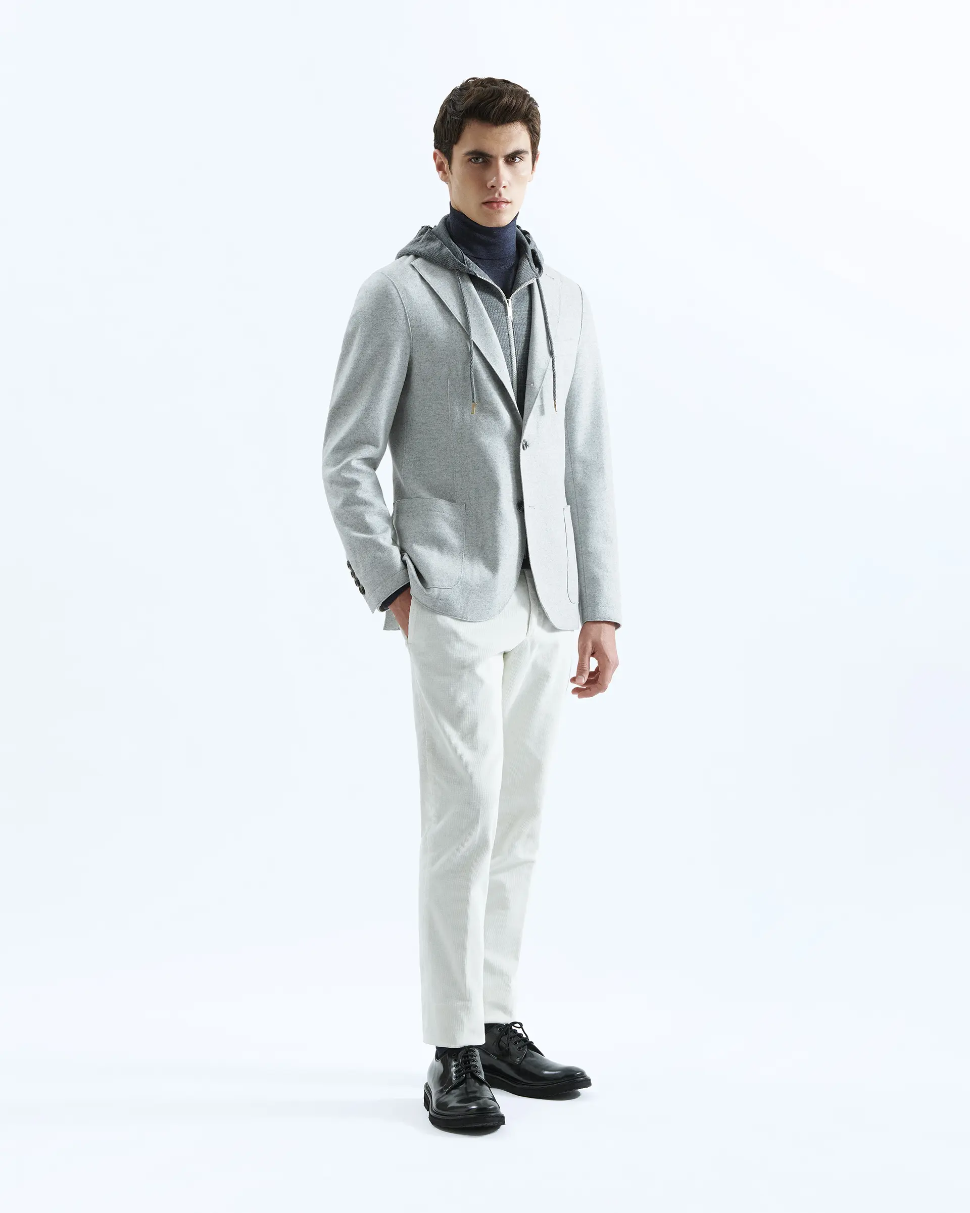 Grey Hooded and Padded Wool stretch Jackets