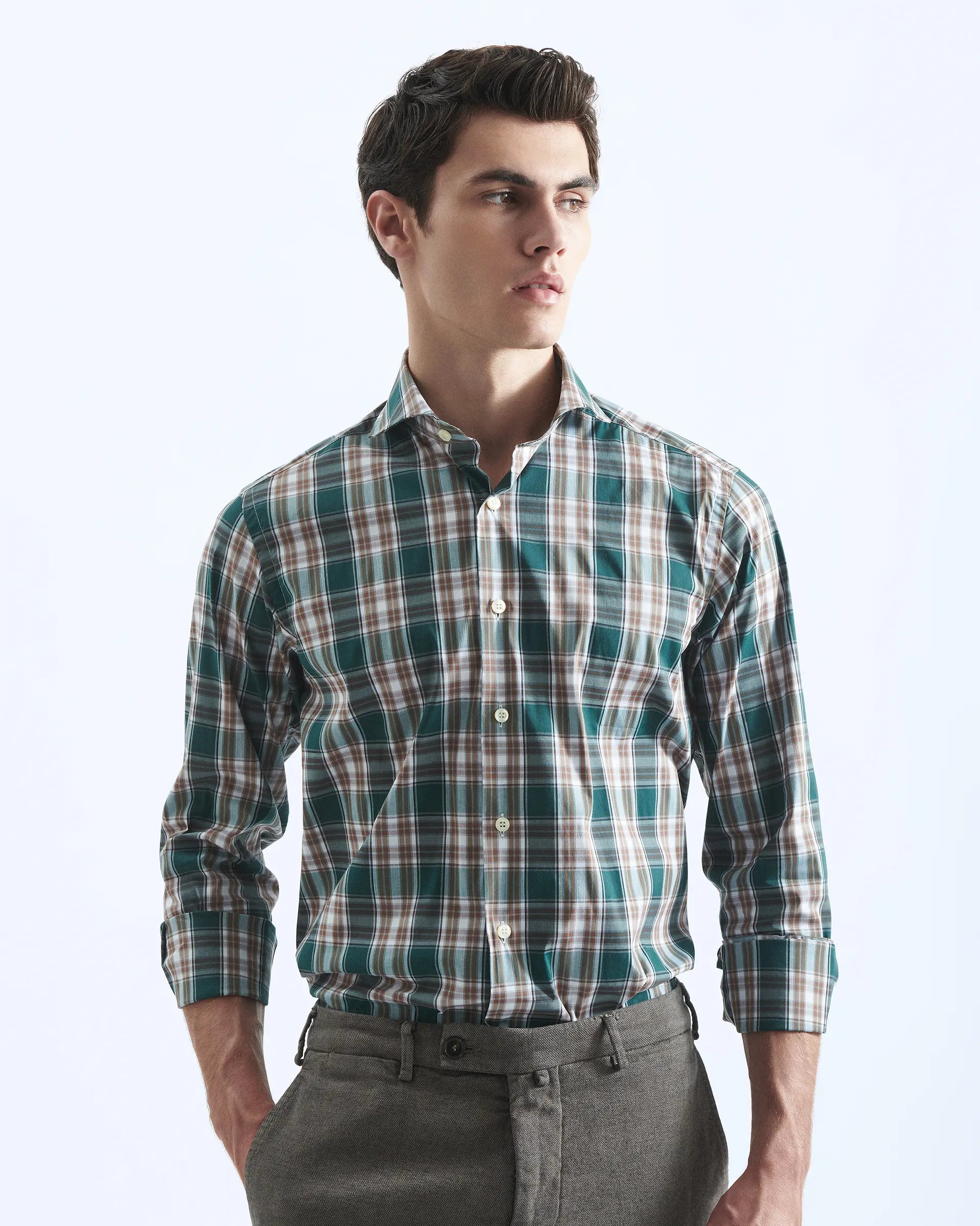Green and Brown Madras Shirt with 1 button down collar