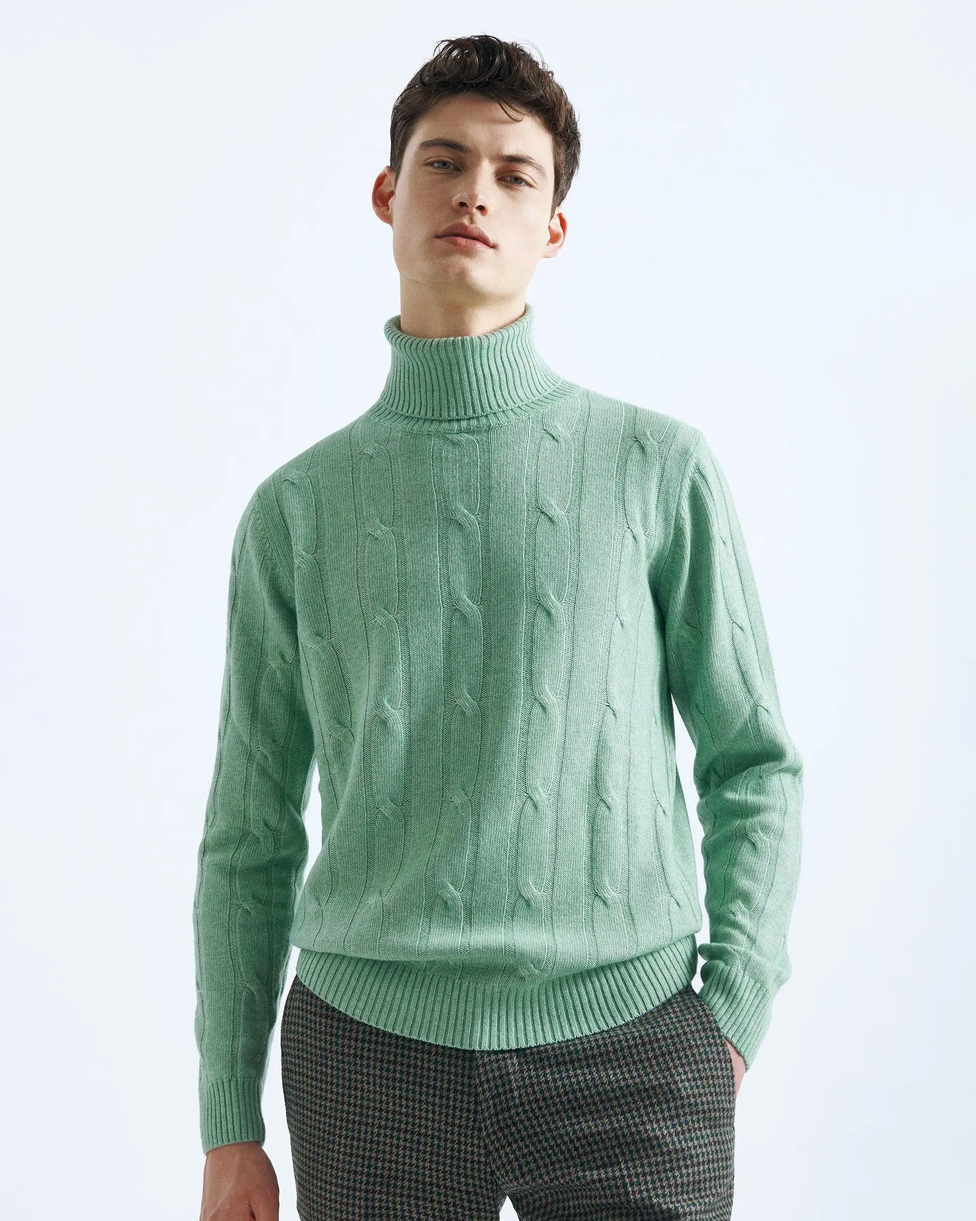 Light Green turtleneck in cashmere blend with braided workmanship