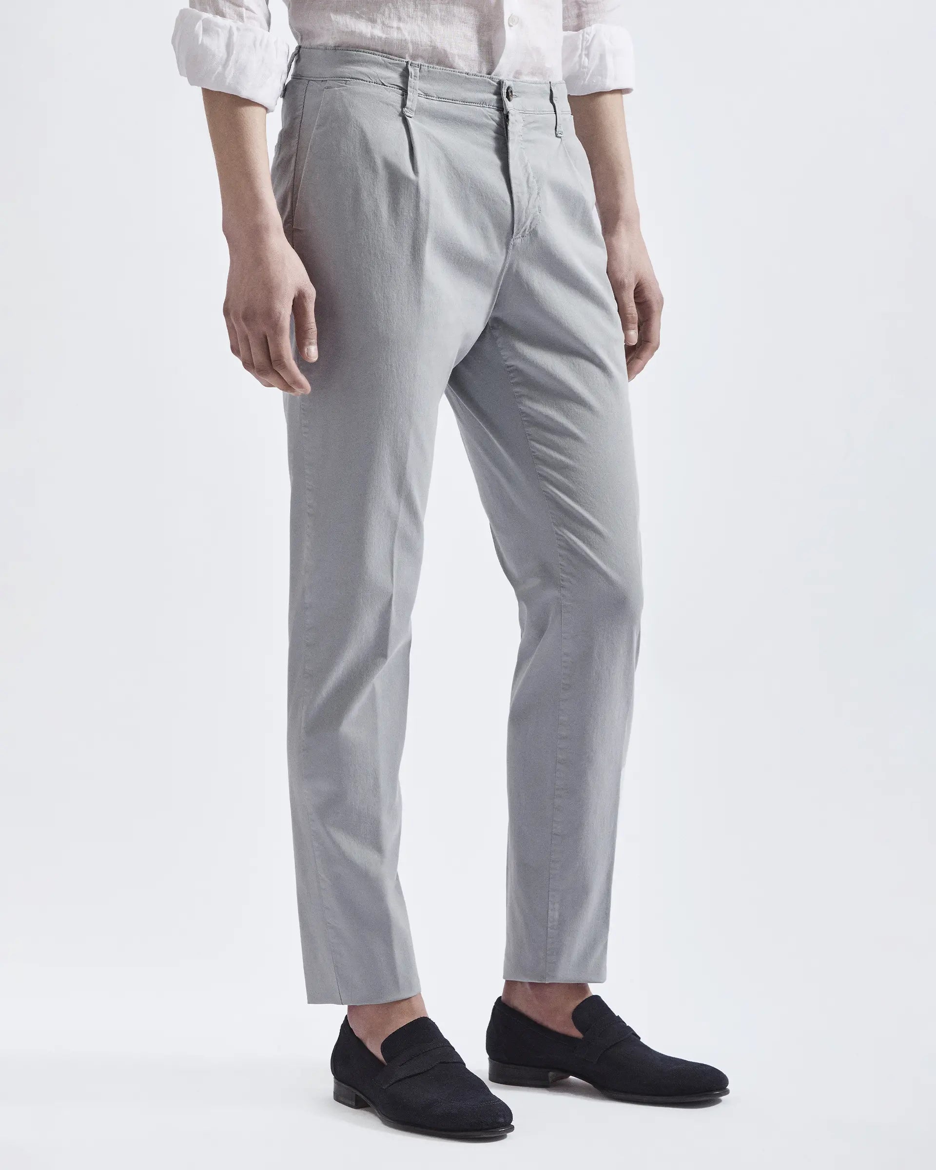 Grey 1 Pleats Tencel and Cotton Stretch Pants