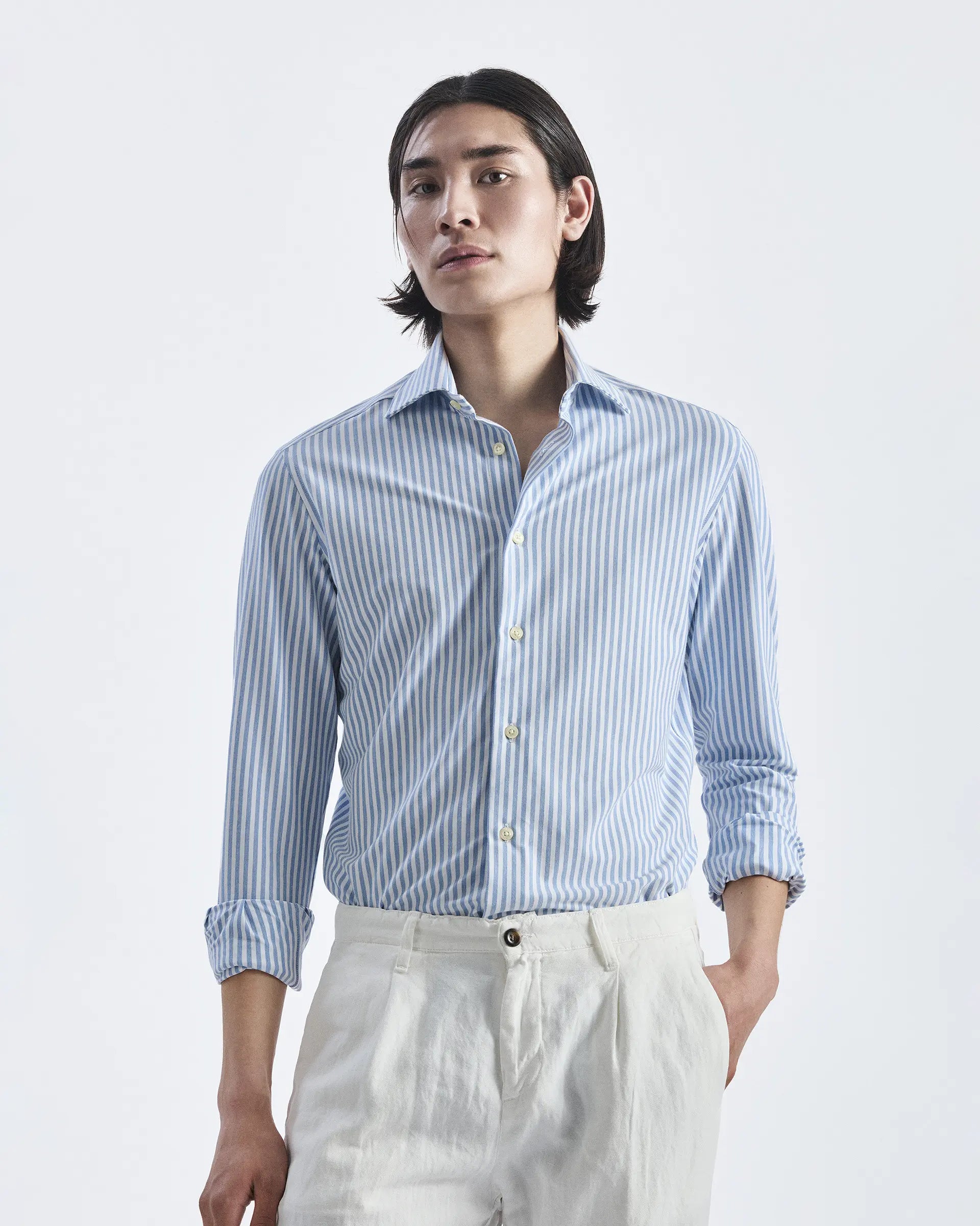 Blue Striped Cotton Comfort Fit with Cutaway Collar  Shirt