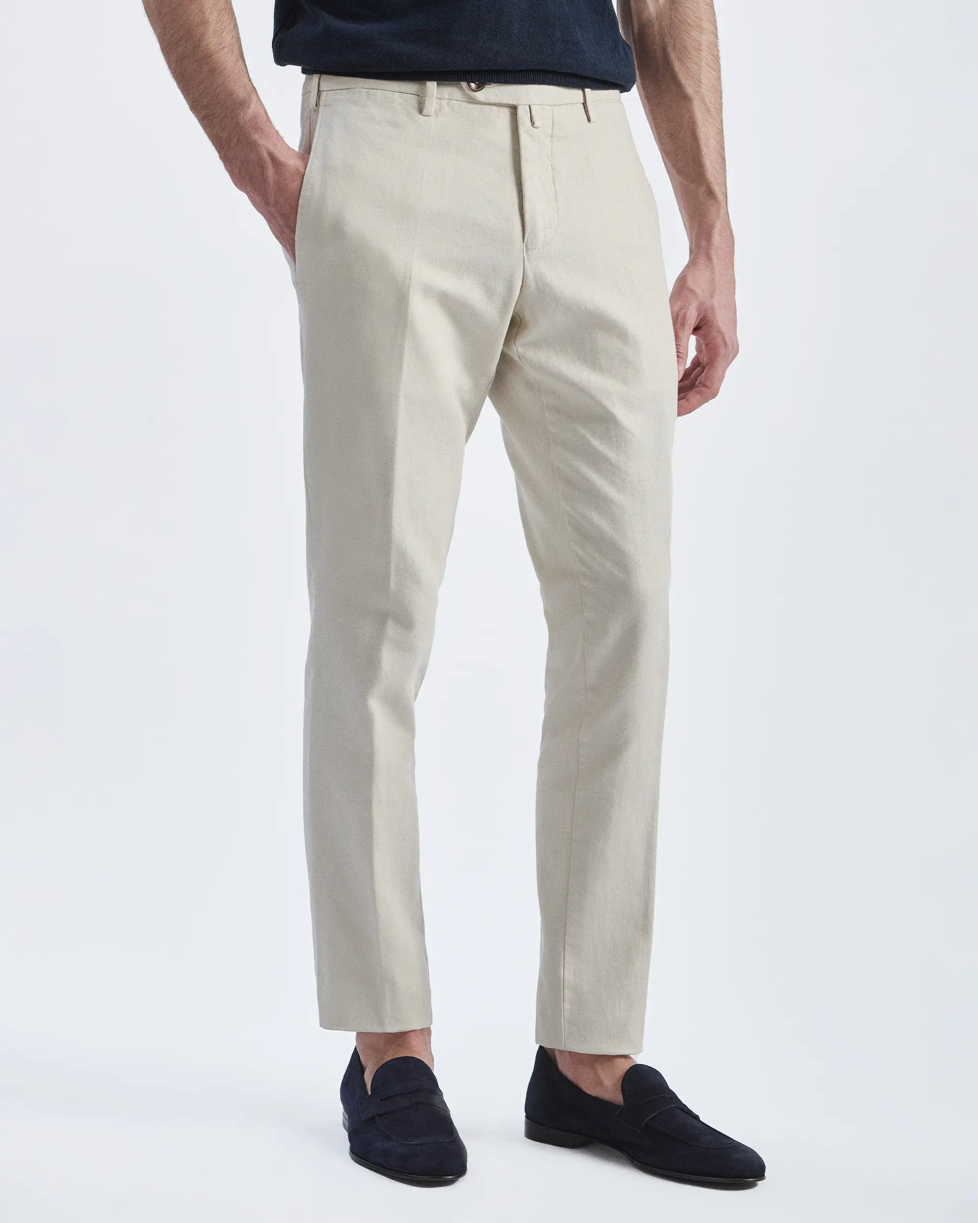 Beige Linen and Cotton Stretch Pants