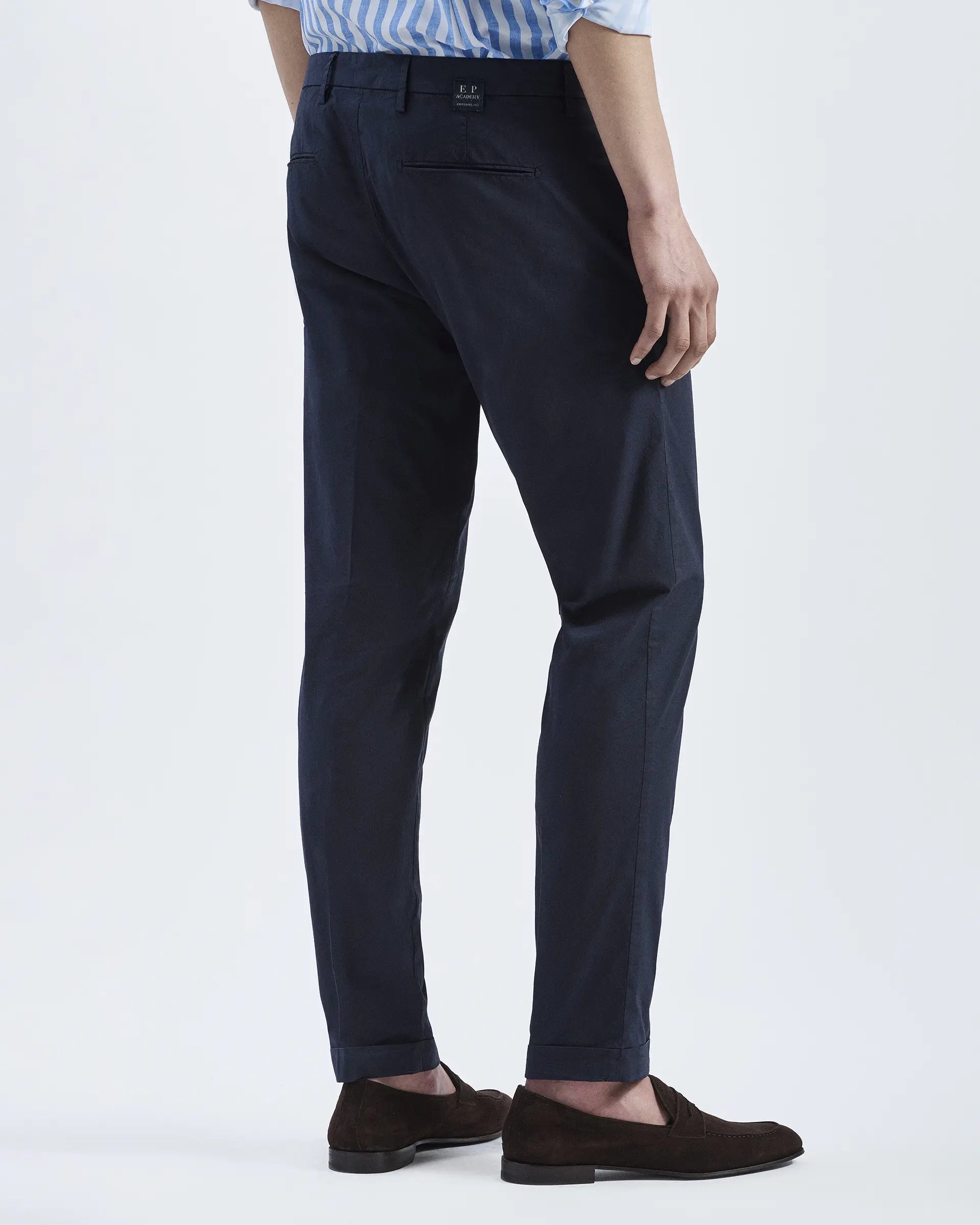 Blue Cotton Stretch Pleated Pants