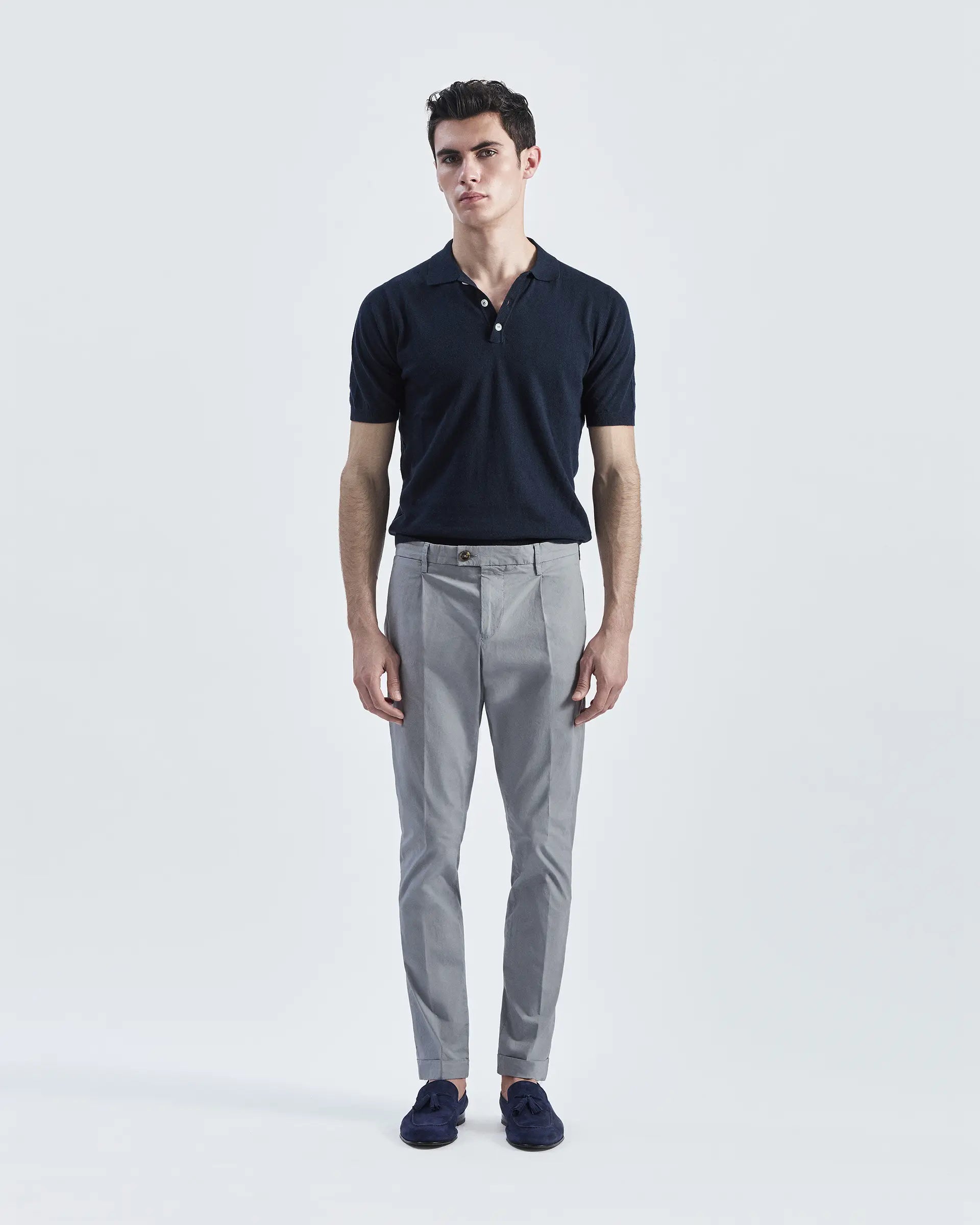 Grey Cotton Stretch Pleated Pants