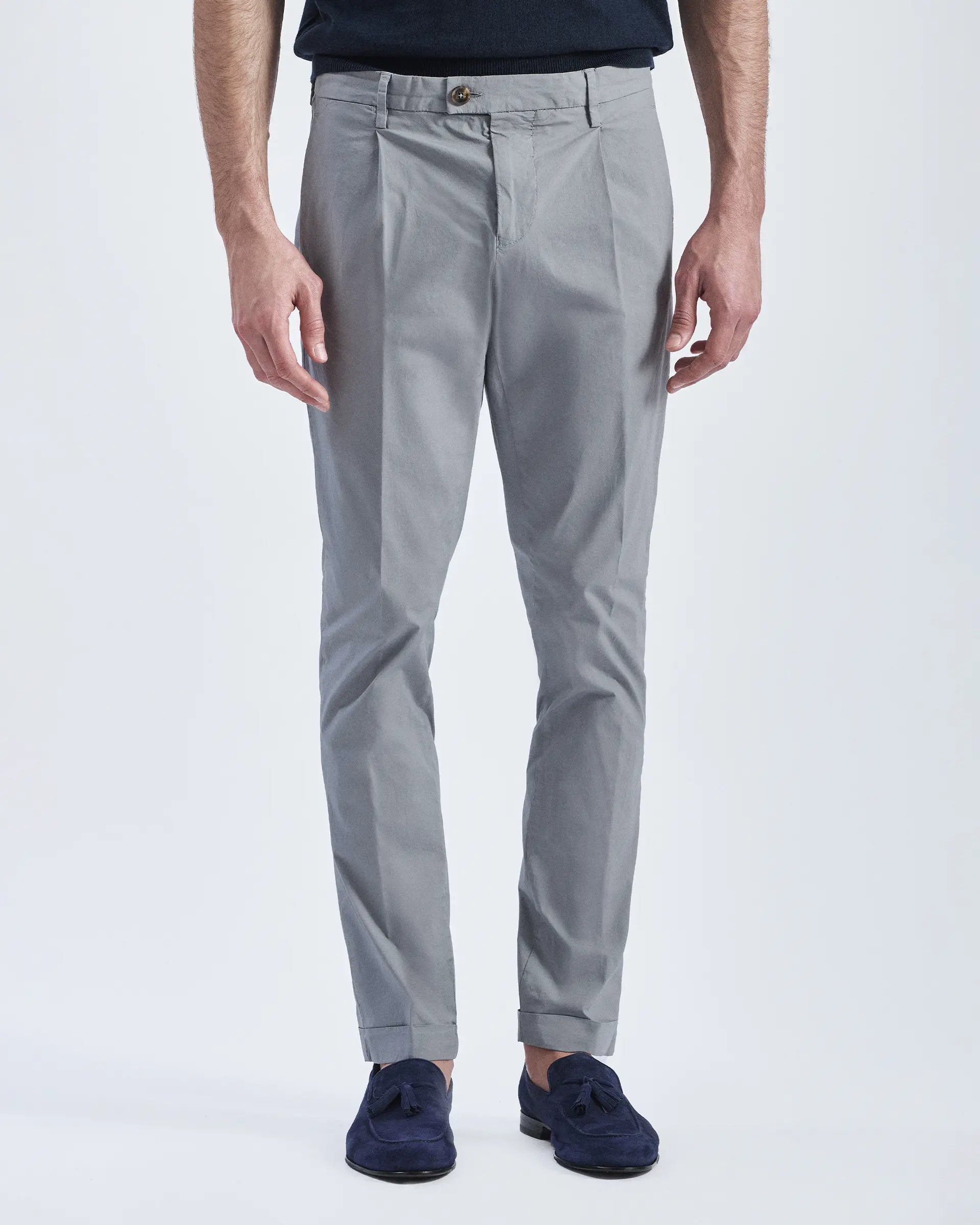 Grey Cotton Stretch Pleated Pants