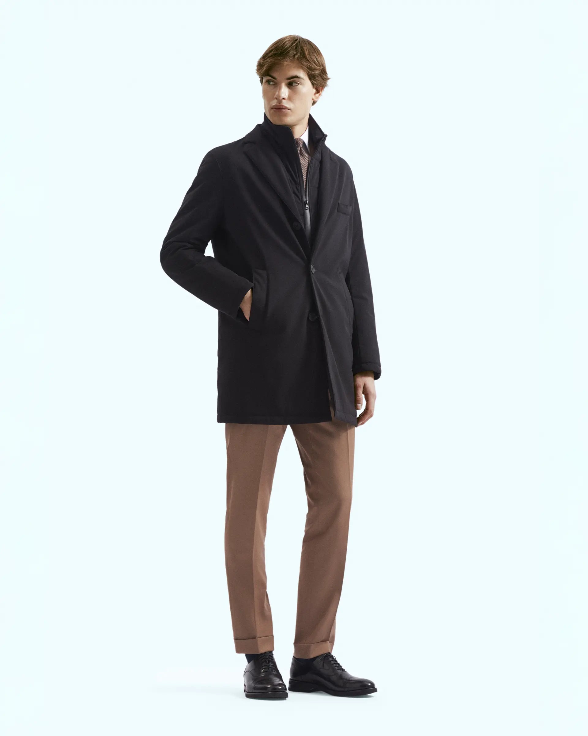 Black with bib in stretch technical fabric Trench