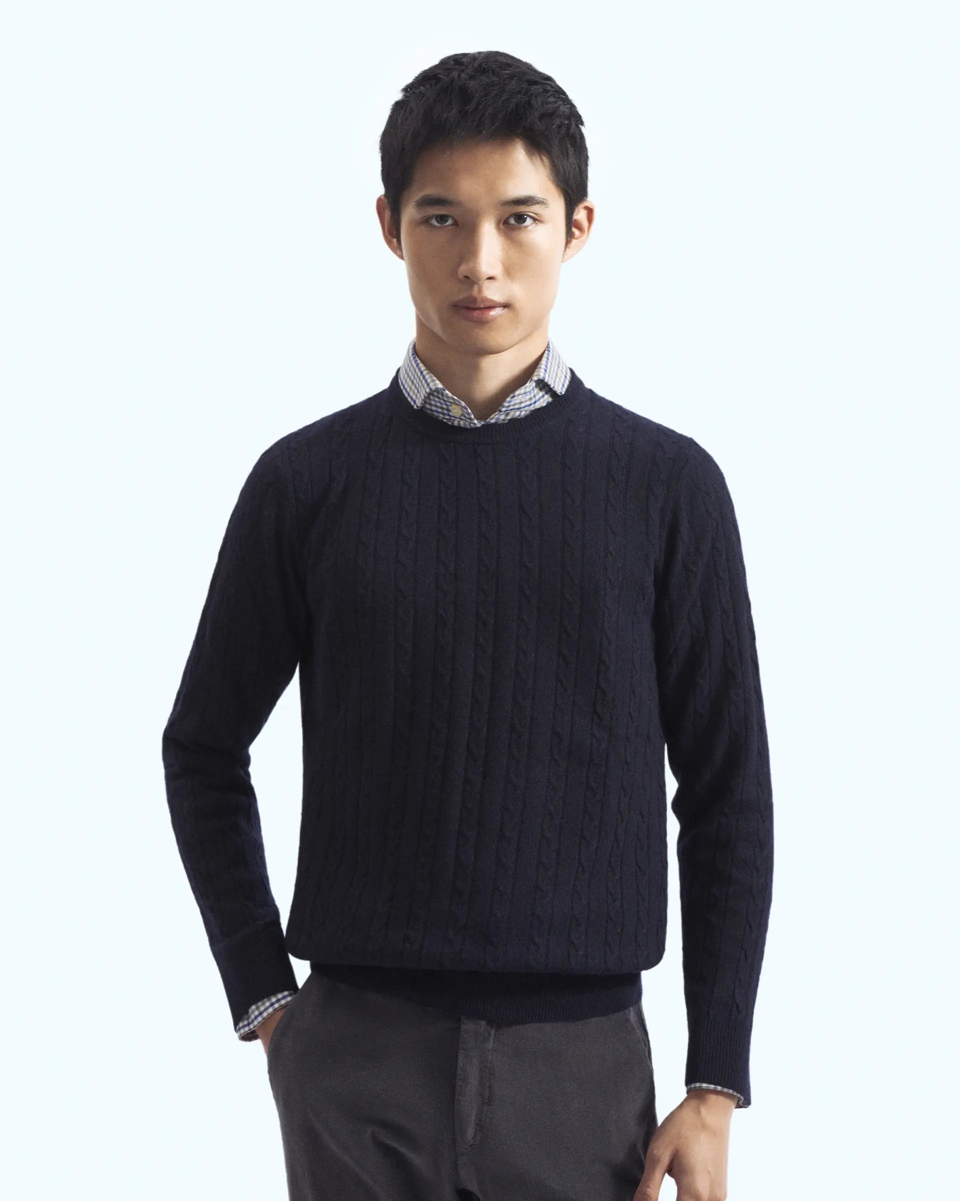 Navy Blue Cashmere Blend with braided workmanship Crewneck