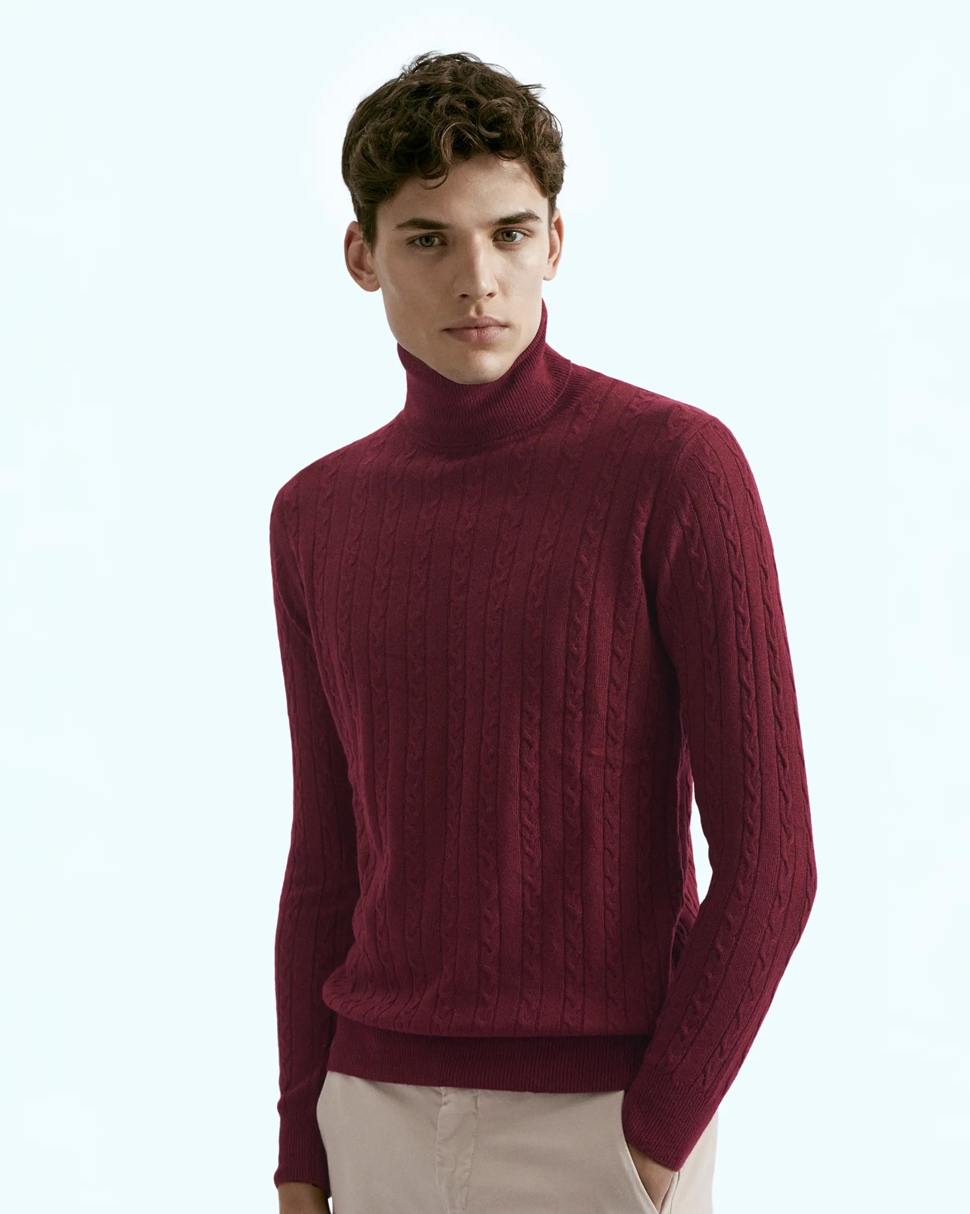 Burgundy Cashmere Blend with braided workmanship Turtleneck