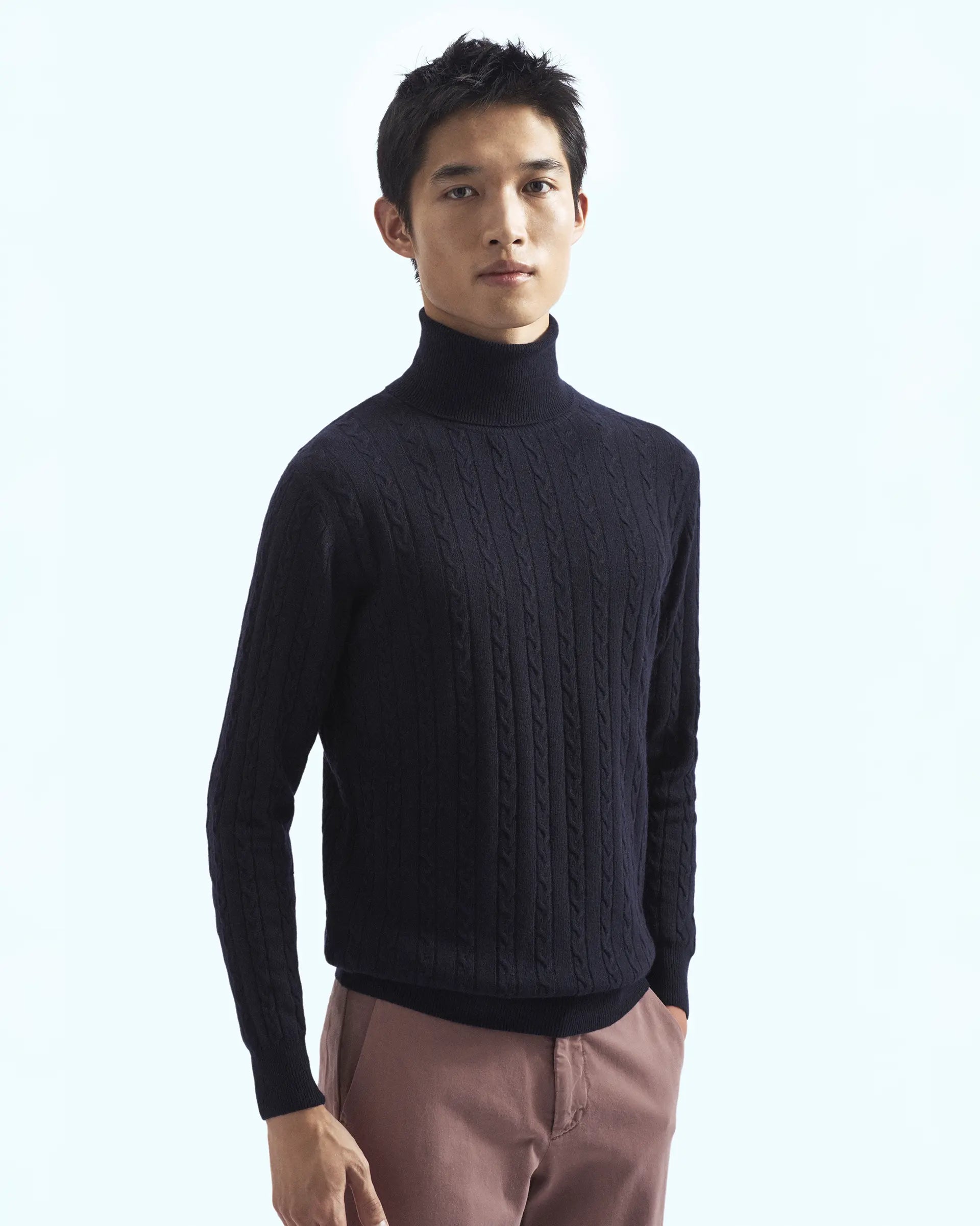 Blue Cashmere Blend with braided workmanship Turtleneck