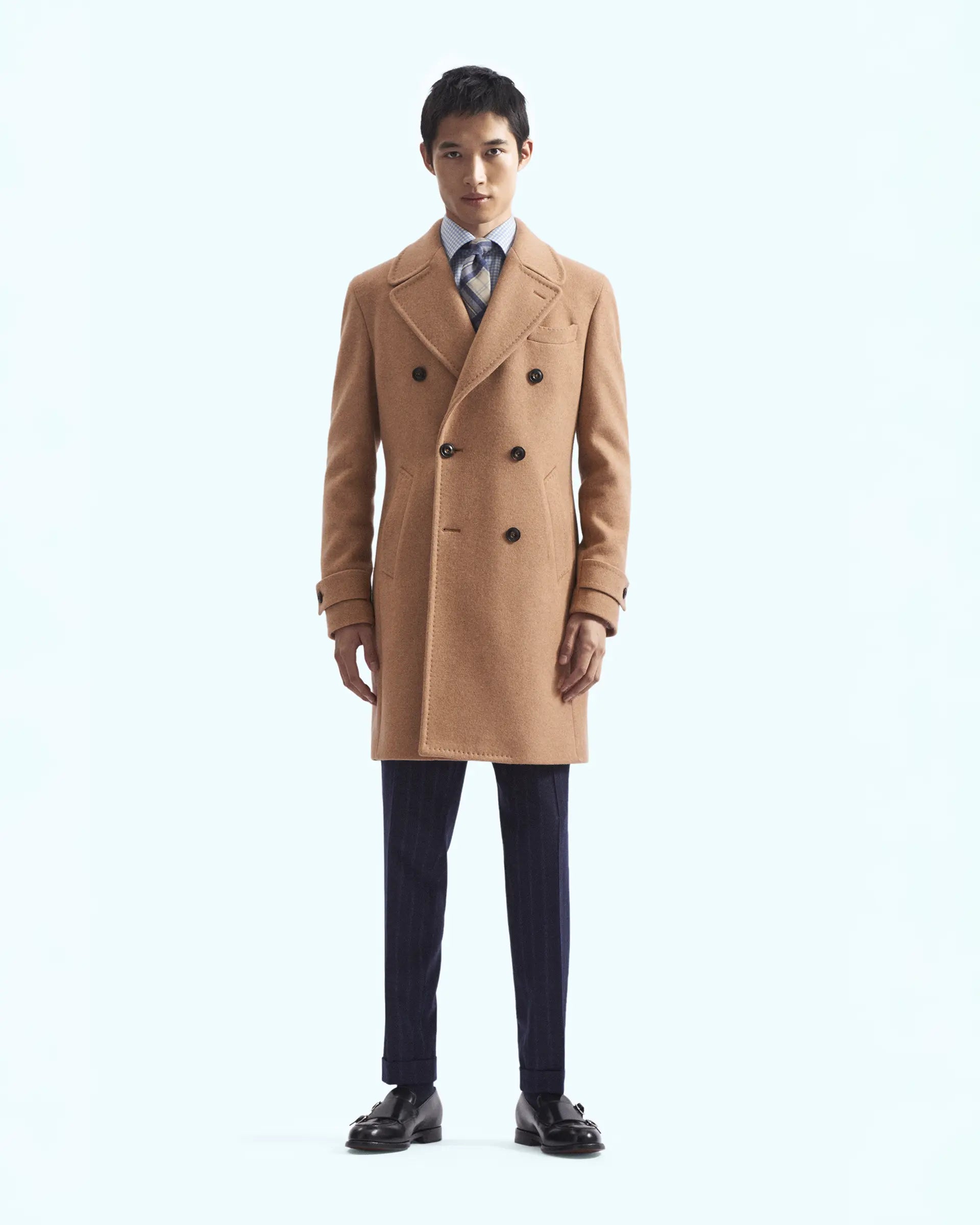 Camel Double-Breasted Jersey Wool Coat