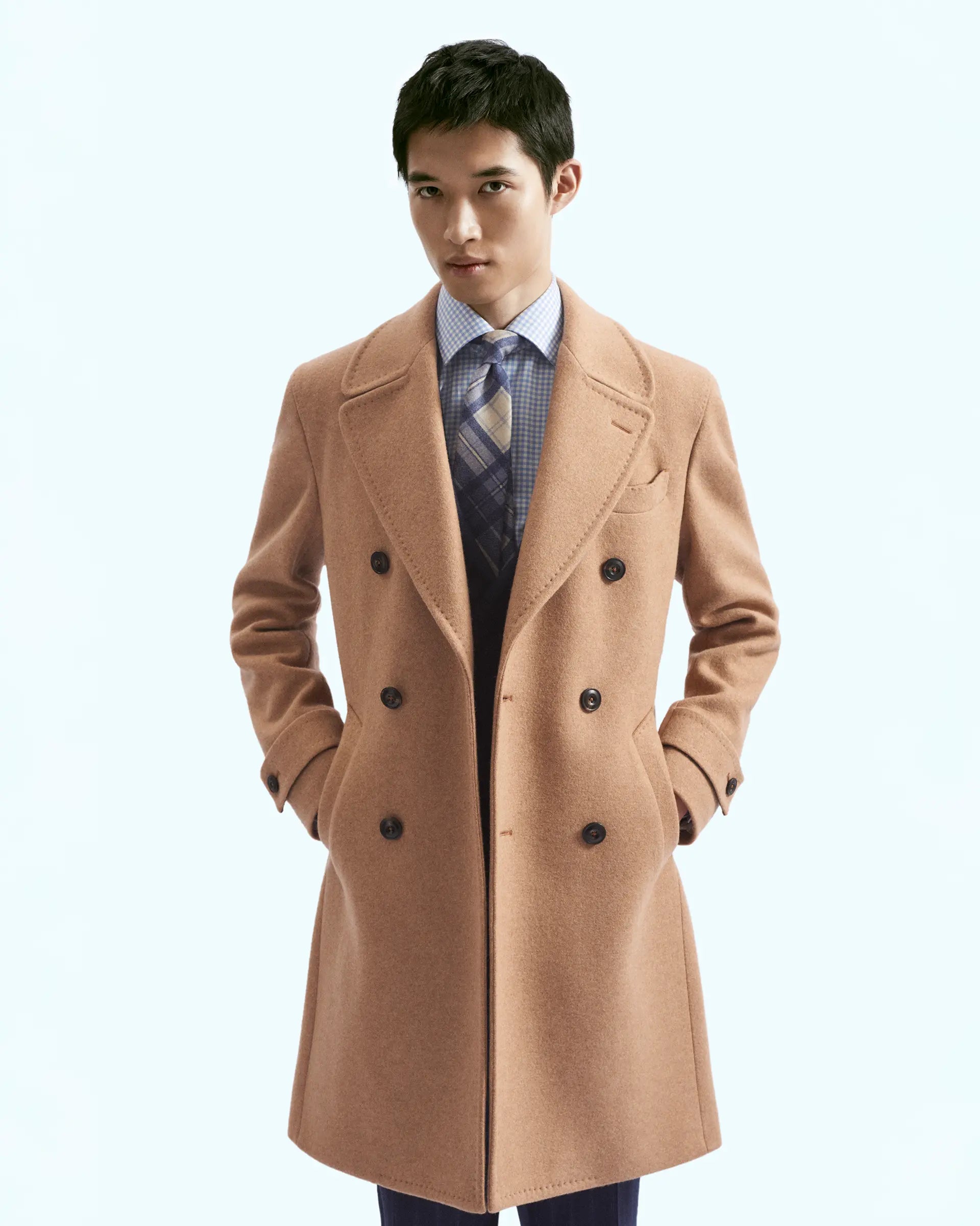 Camel Double-Breasted Jersey Wool Coat