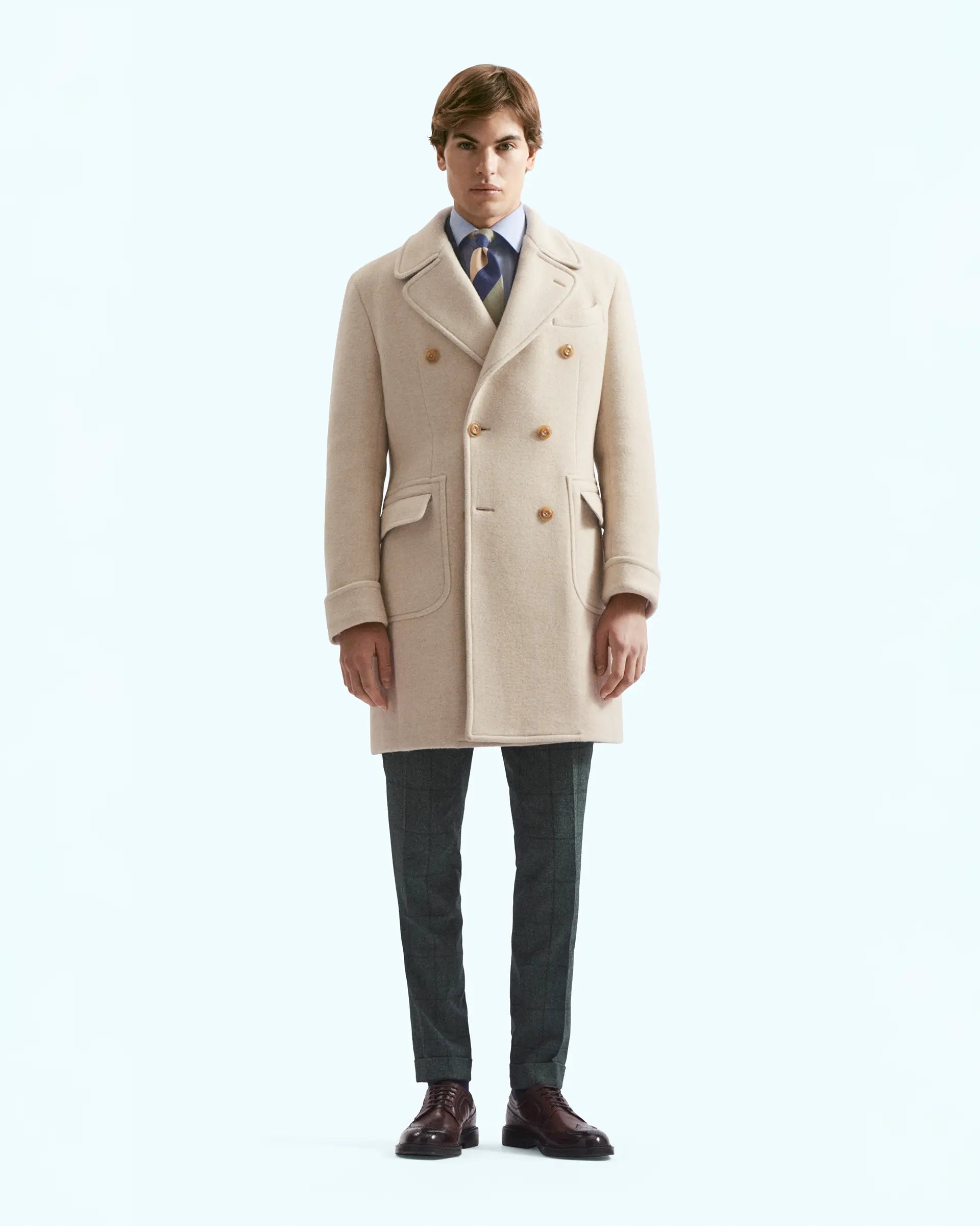 Cream Double-Breasted Jersey Wool Blend Coat