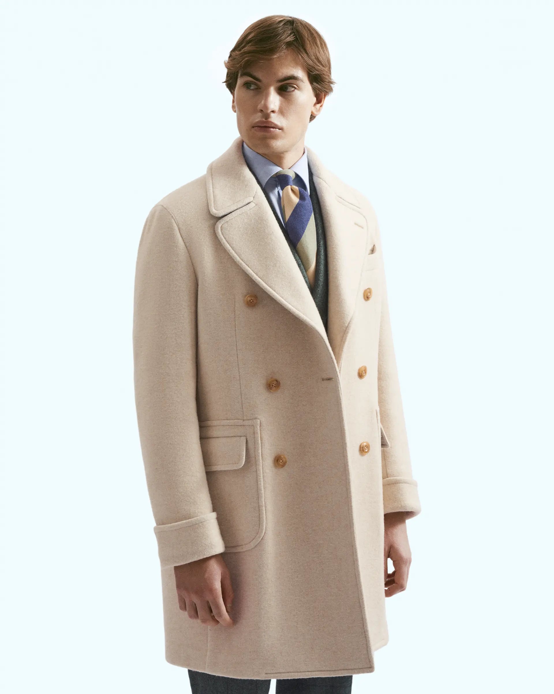 Cream Double-Breasted Jersey Wool Blend Coat