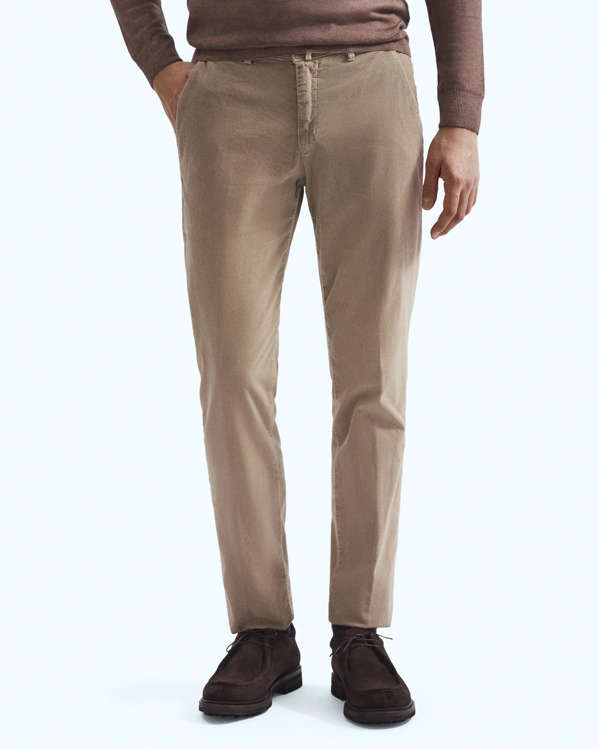 Beige hammered velvet trousers in stretch cotton