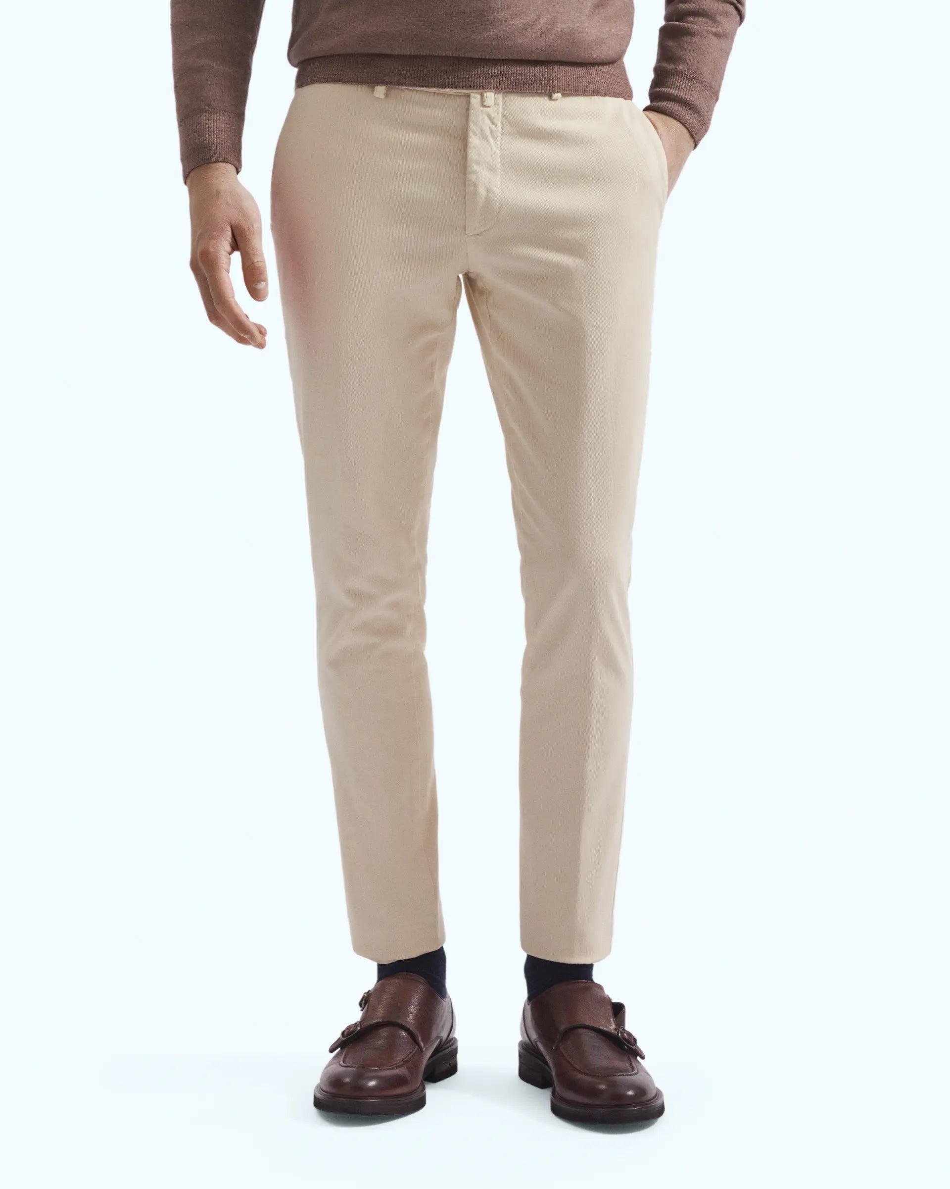 Cream Cotton Stretch Tricotine Pants