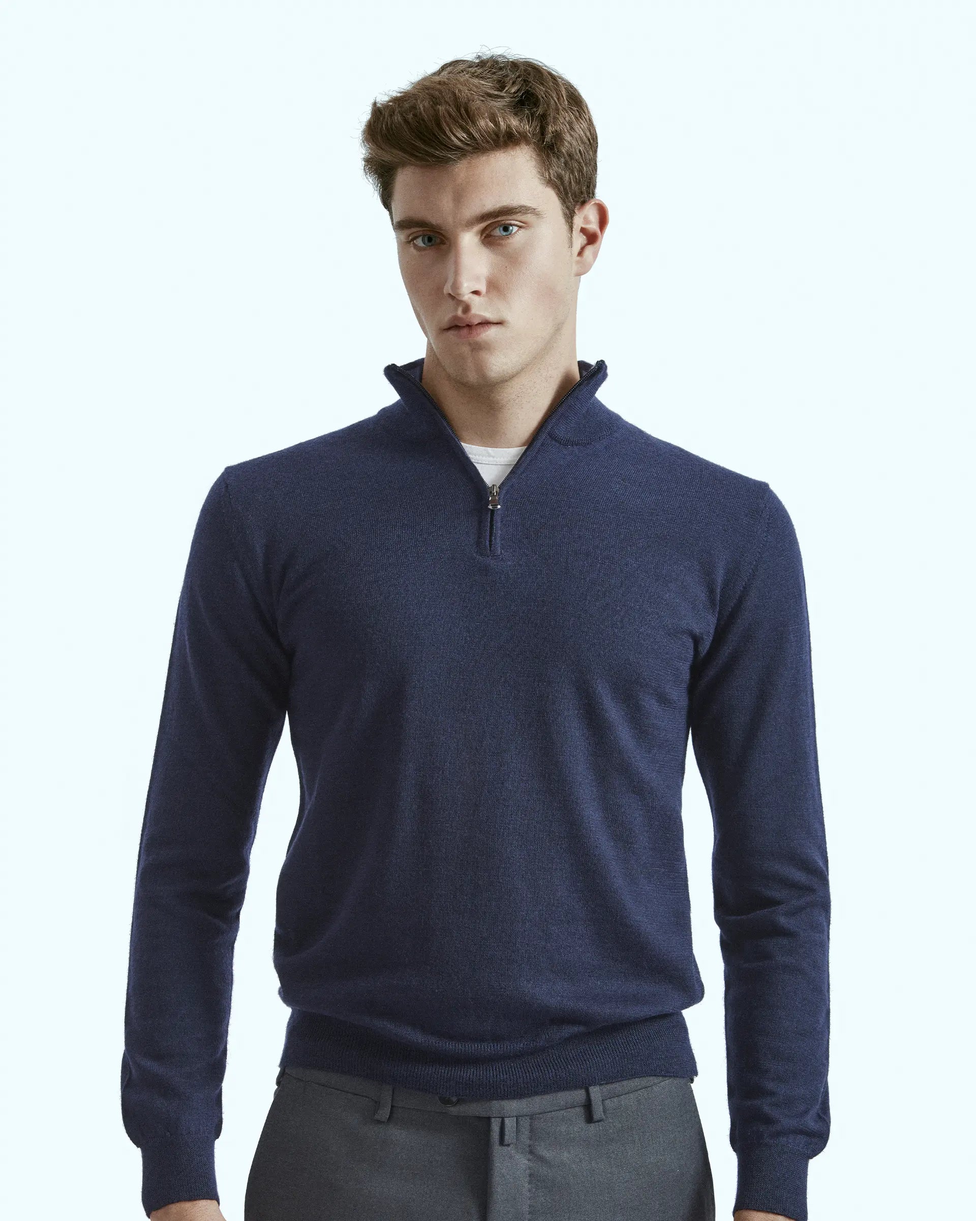 Half Zip Blue in pure extrafine merino wool Harmony