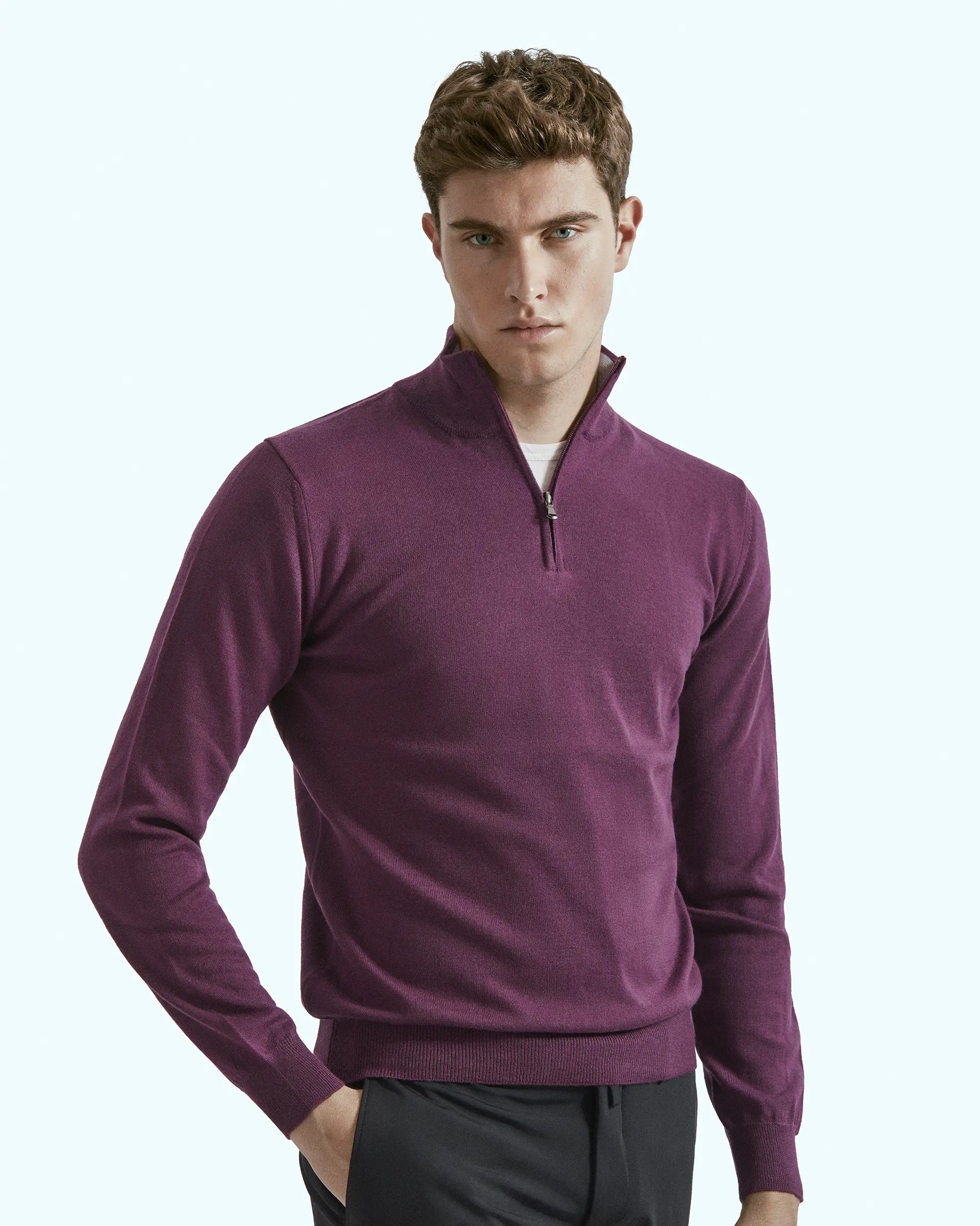 Half Zip Purple in pure extrafine merino wool Harmony