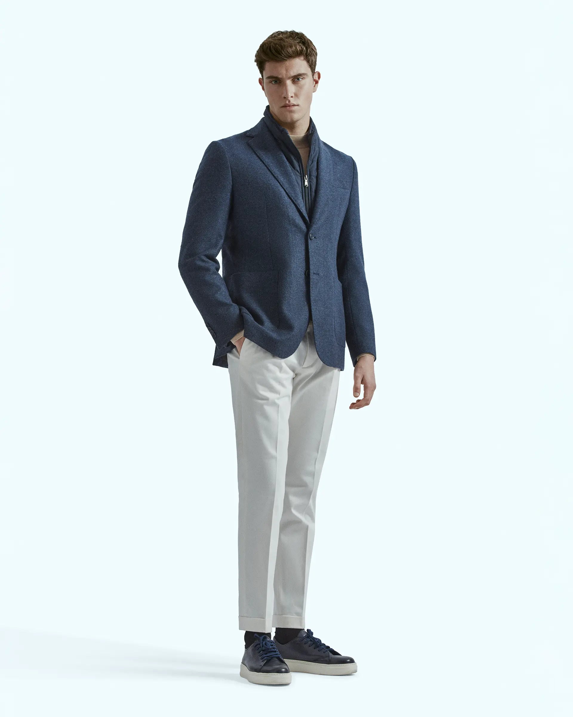 Blue herringbone wool and cashmere jacket with detachable bib