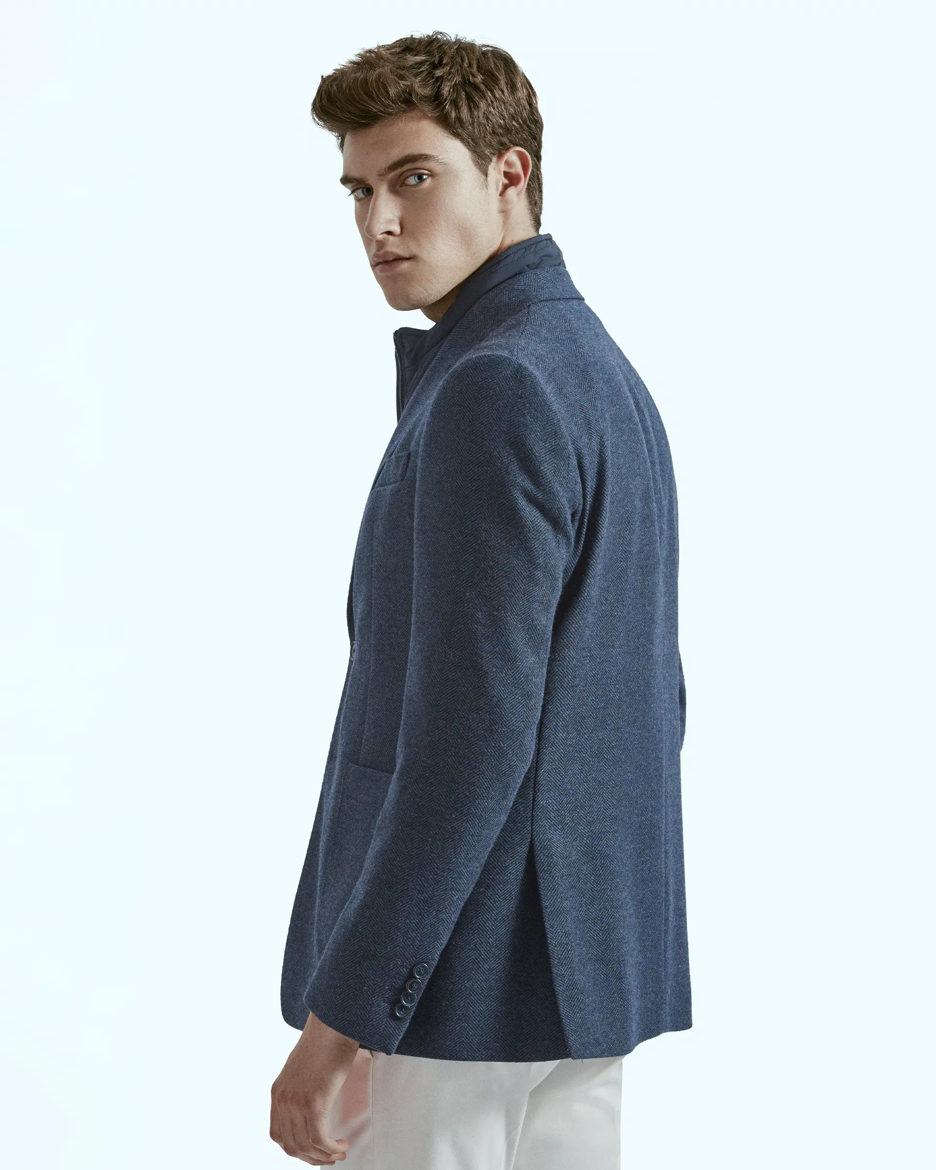 Blue herringbone wool and cashmere jacket with detachable bib