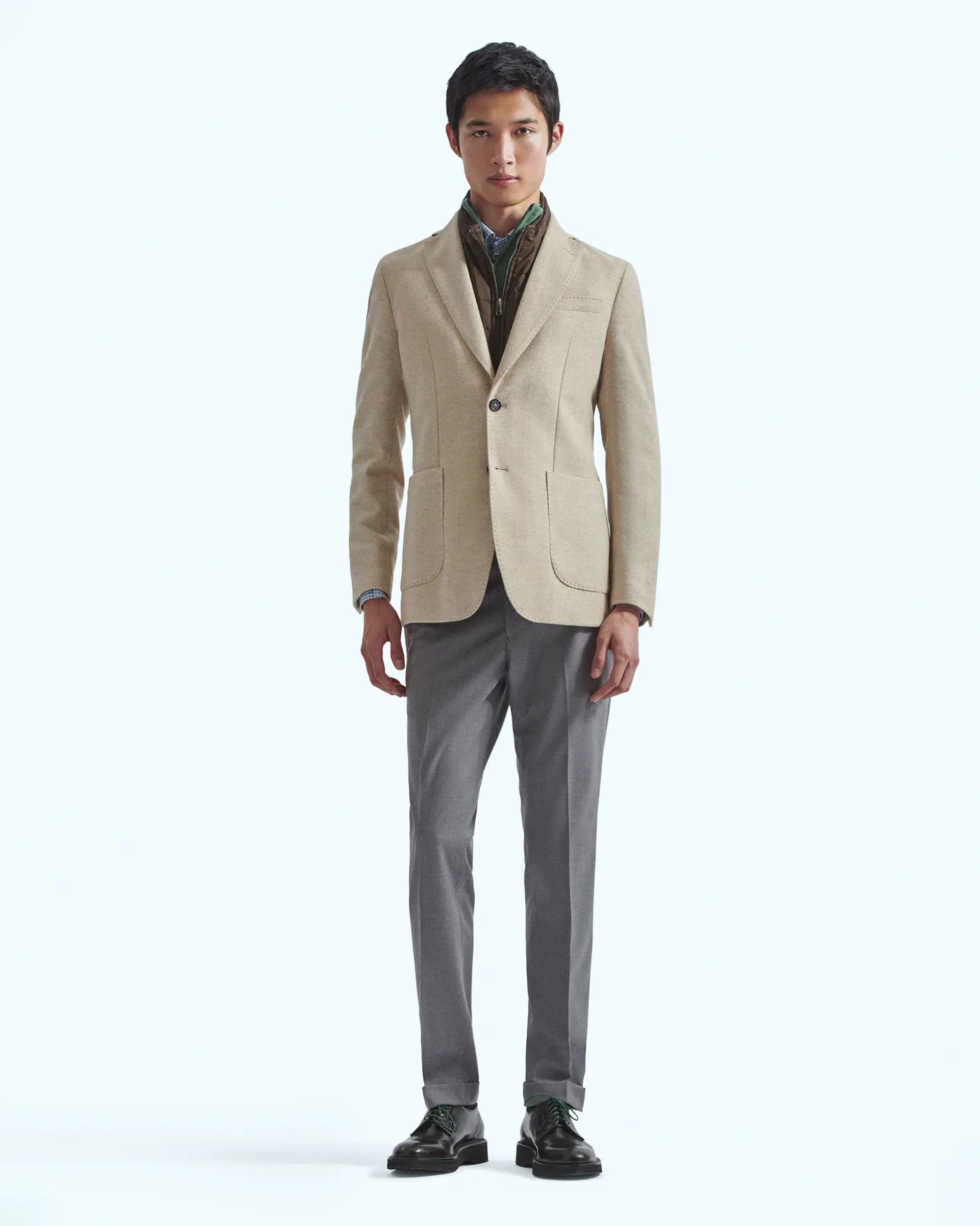 Beige herringbone wool and cashmere jacket with detachable bib