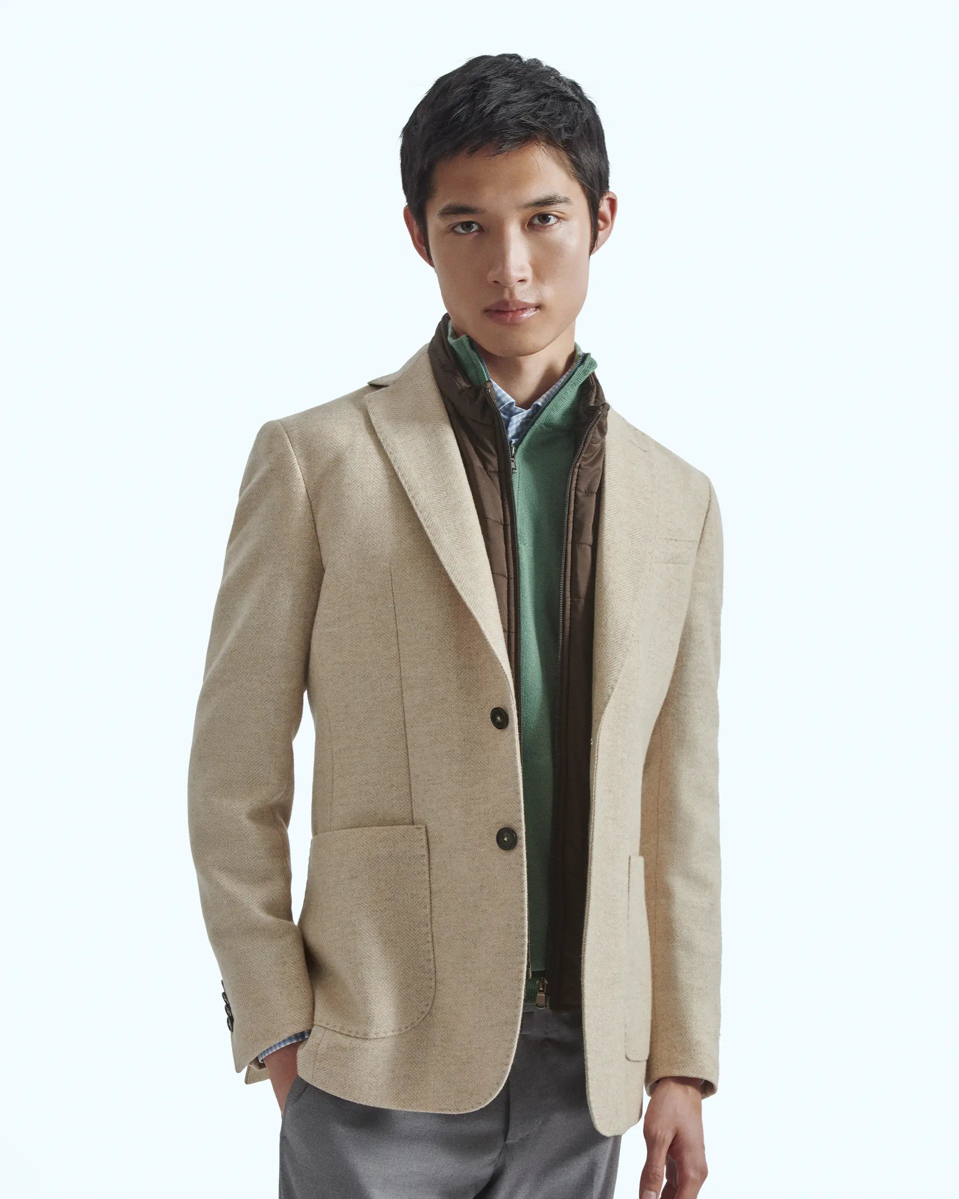 Beige herringbone wool and cashmere jacket with detachable bib