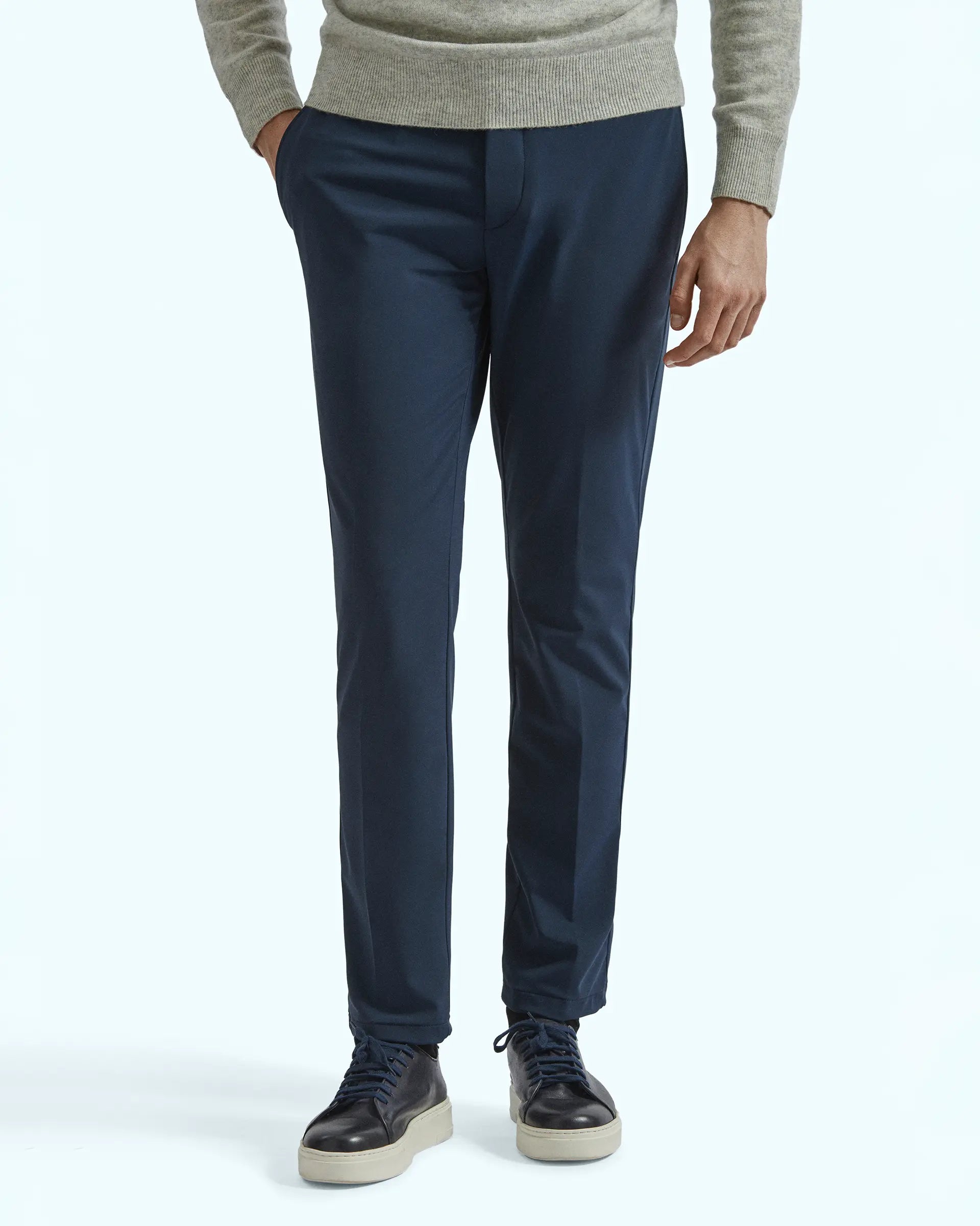 Blue travel trousers in high-performance technical fabric