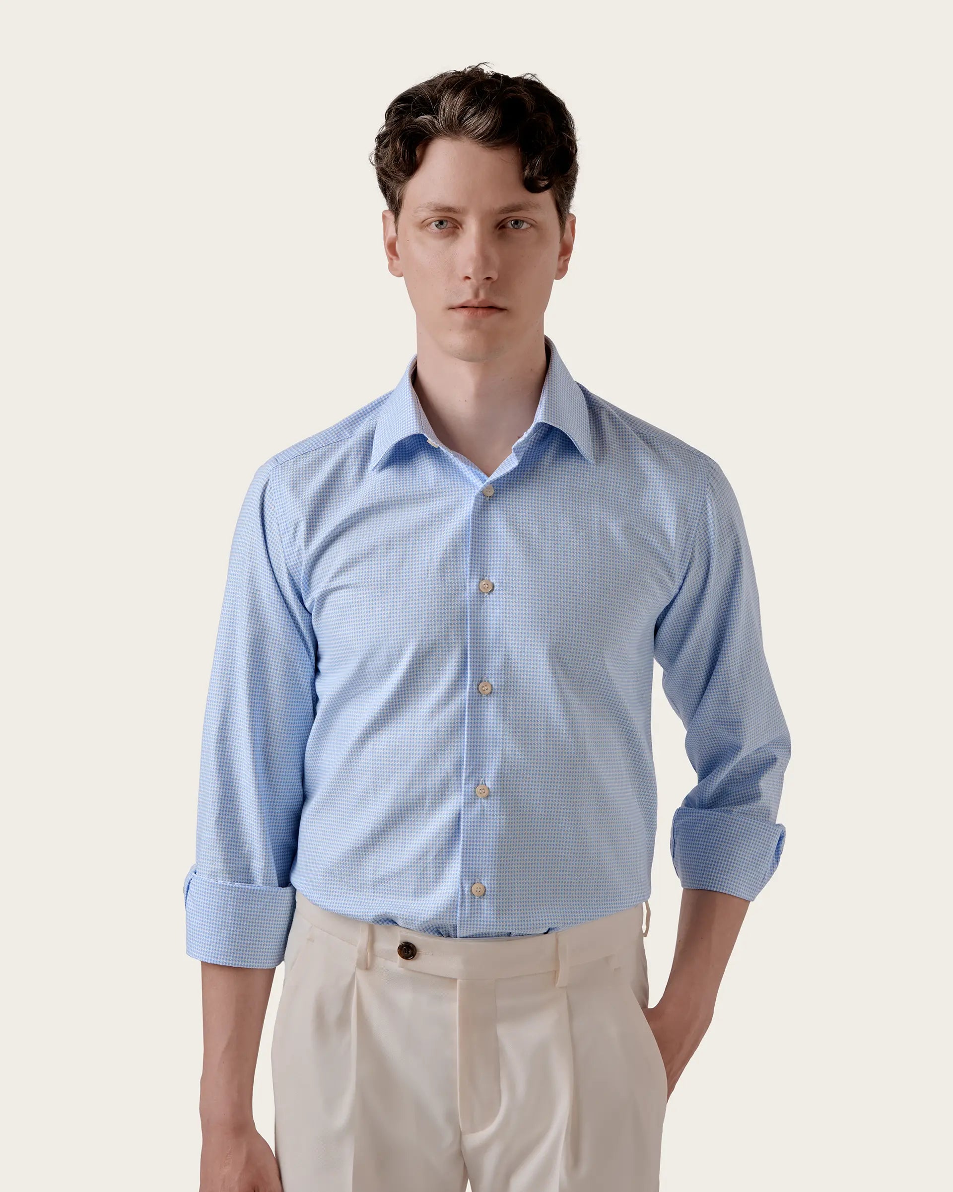 Light Blue Houndstooth Cotton regulat fit Shirt