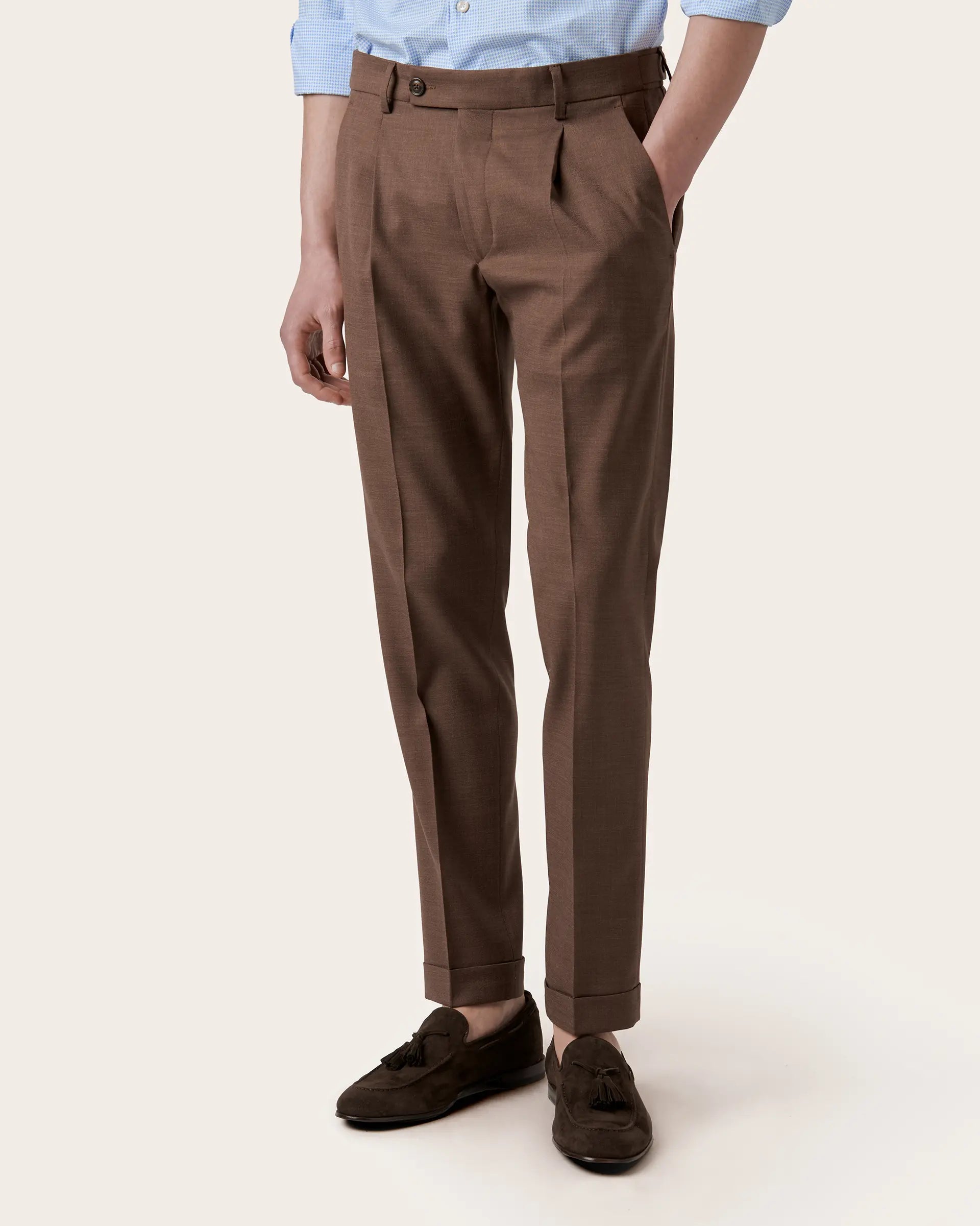 Brown Pleated Wool Stretch Pants and button placked