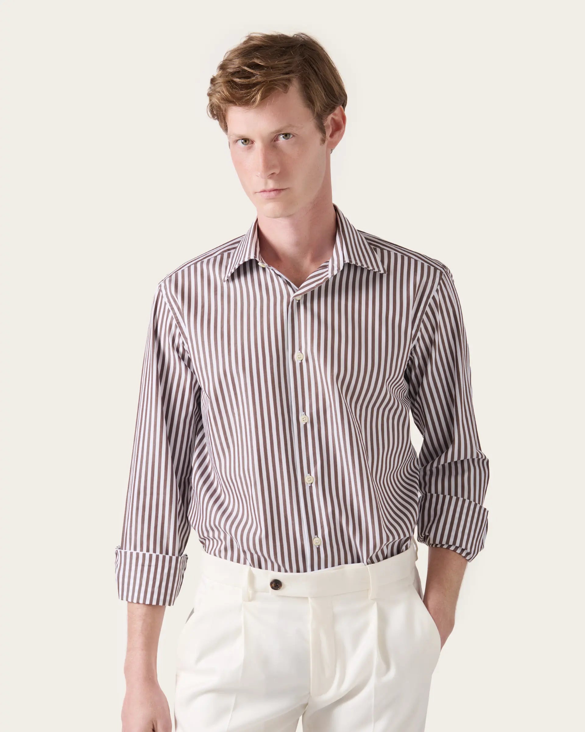 Brown striped shirt in pure cotton regular fit