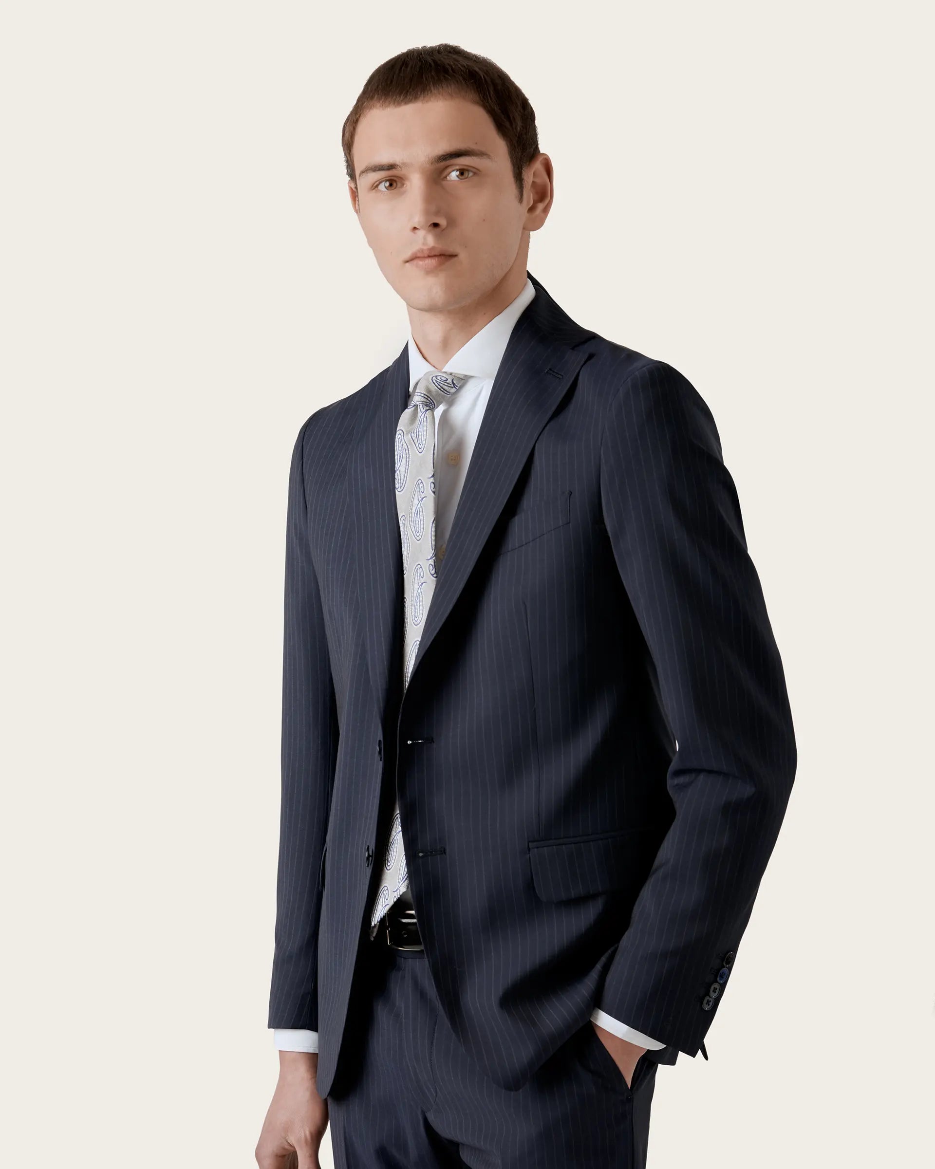 Blue Pinstriped Wool Natural Stretch - Zignone Fabric