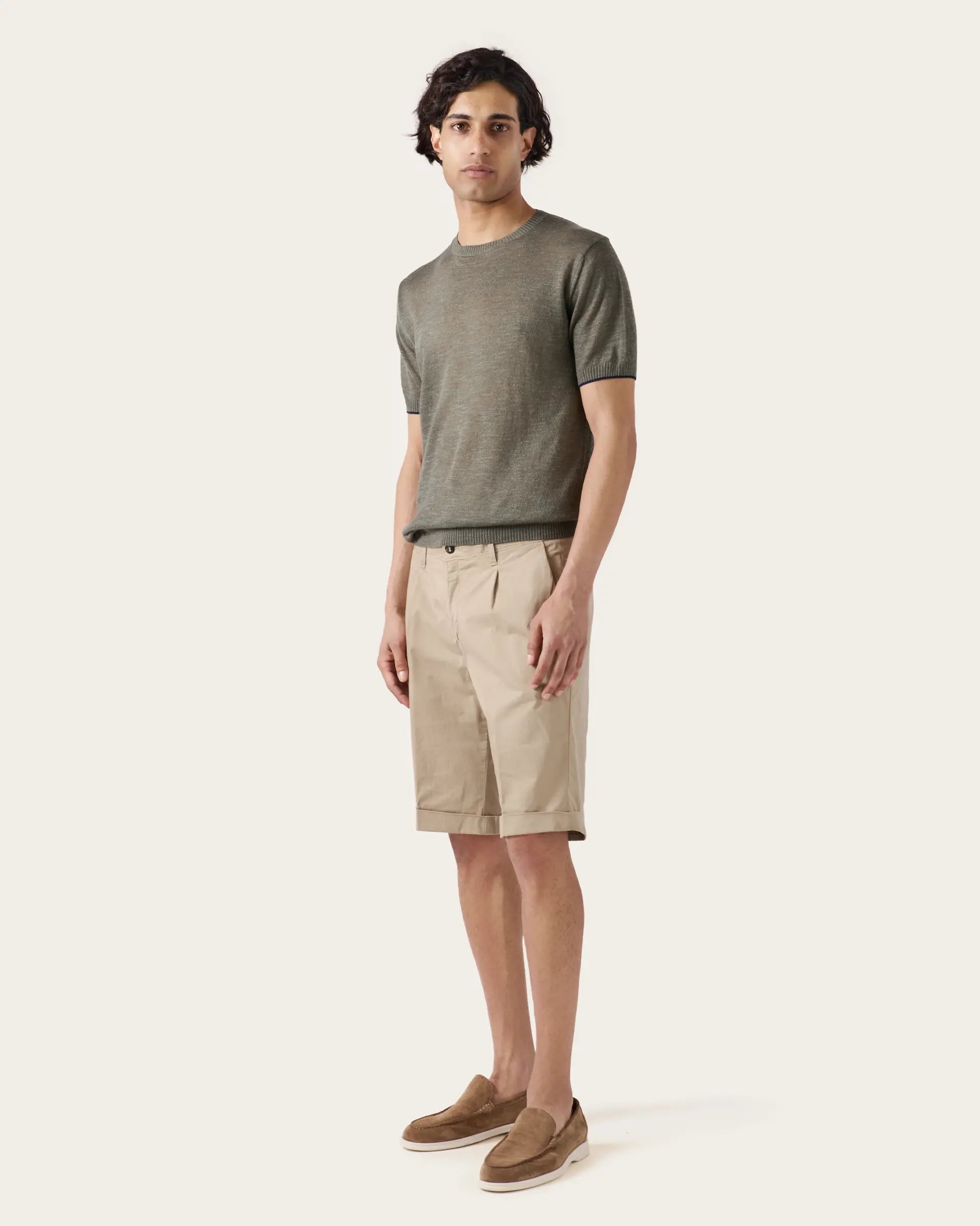 Beige Gabaradine Pleat Stretch Cotton Shorts
