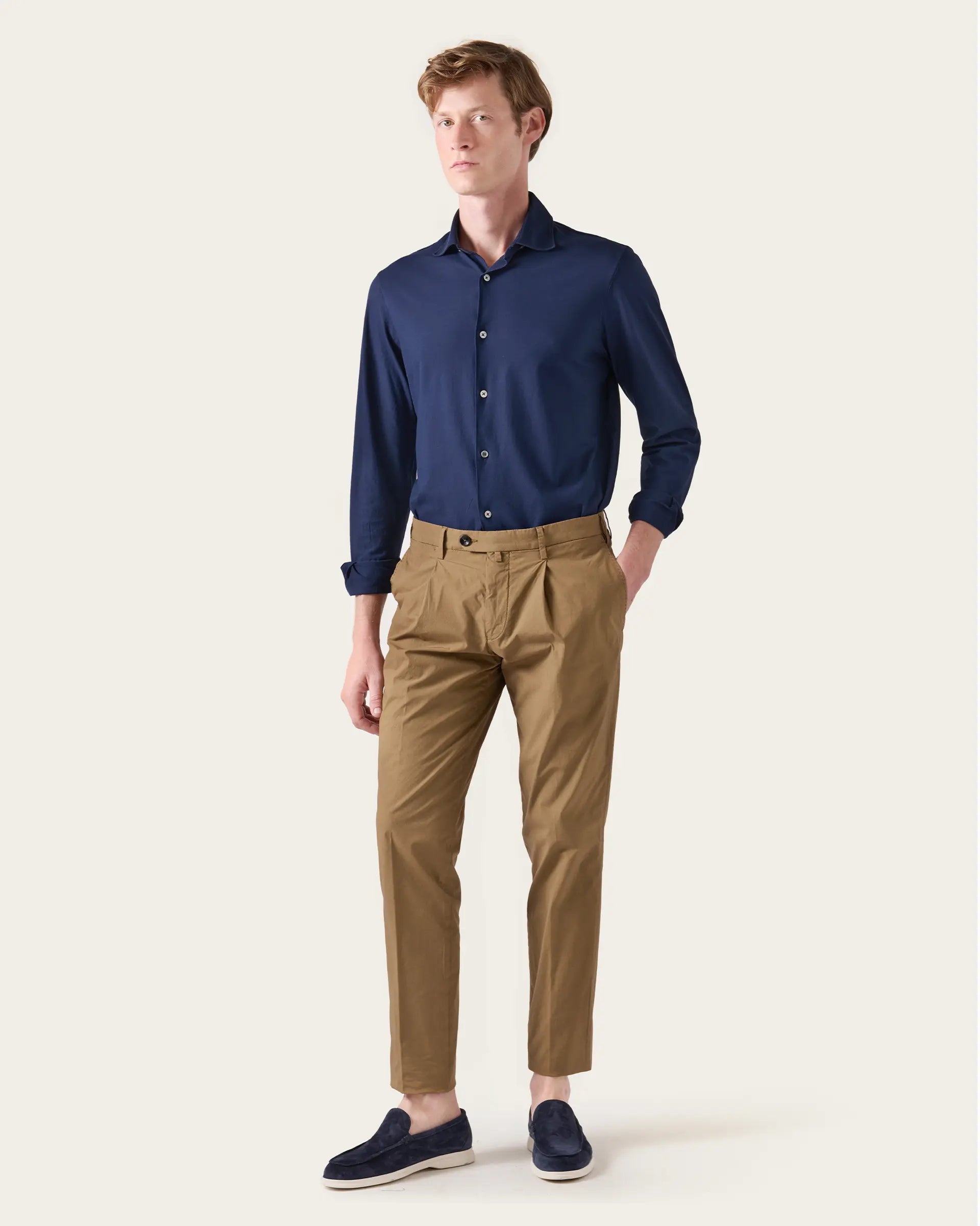 Brown Popeline Garment Dyed Cotton Stretch Pants