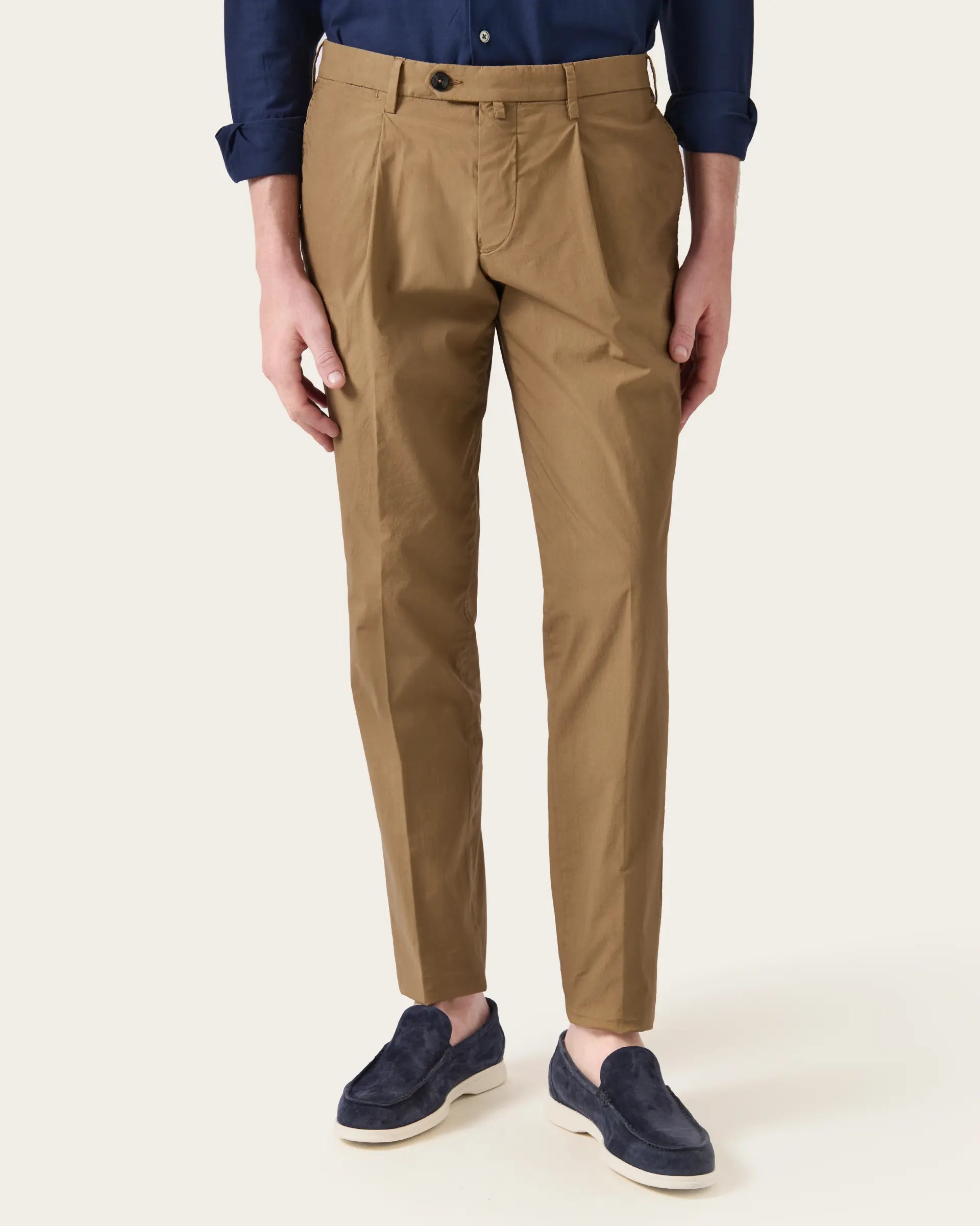 Brown Popeline Garment Dyed Cotton Stretch Pants