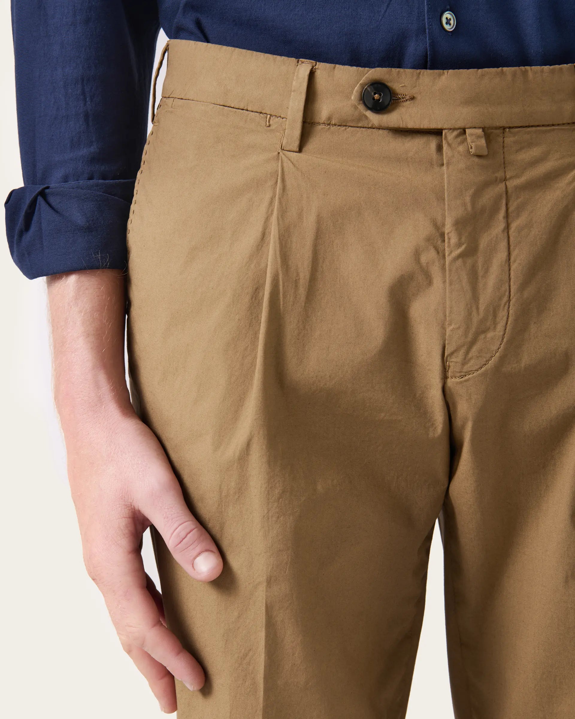 Brown Popeline Garment Dyed Cotton Stretch Pants