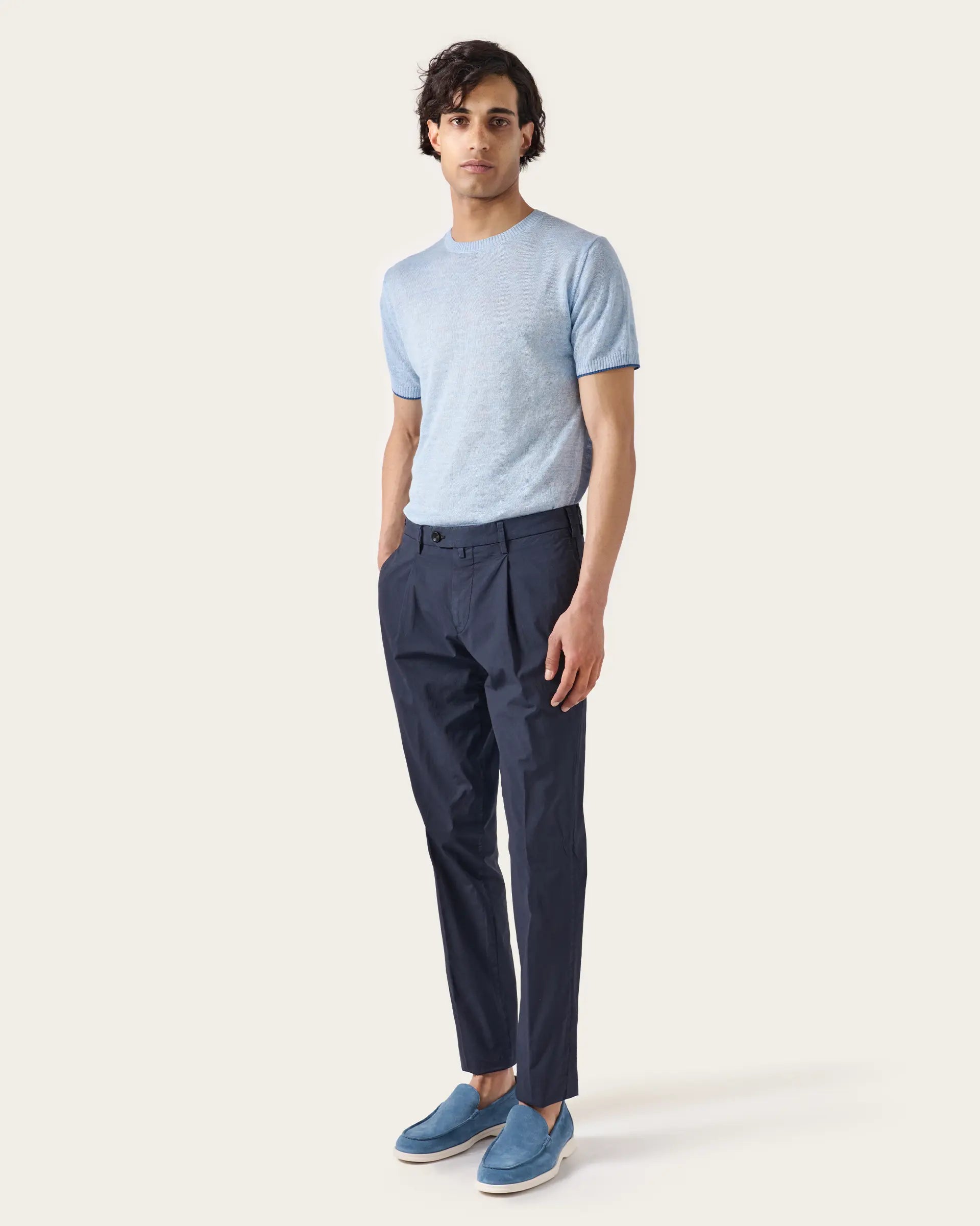 Blue Popeline Garment Dyed Cotton Stretch Pants